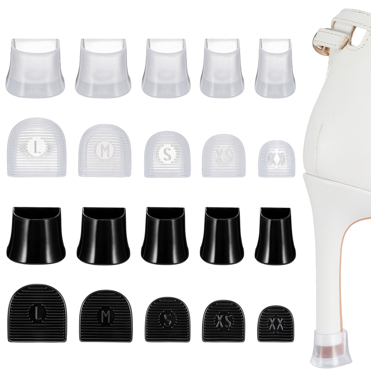 DOPENSPI 10 Pairs High Heel Protectors, 5 Sizes Non-Slip Heel Caps Heels Replacement Tips for Stiletto Pumps Shoes Grass Gravel Outdoor Events(Black,Transparent)