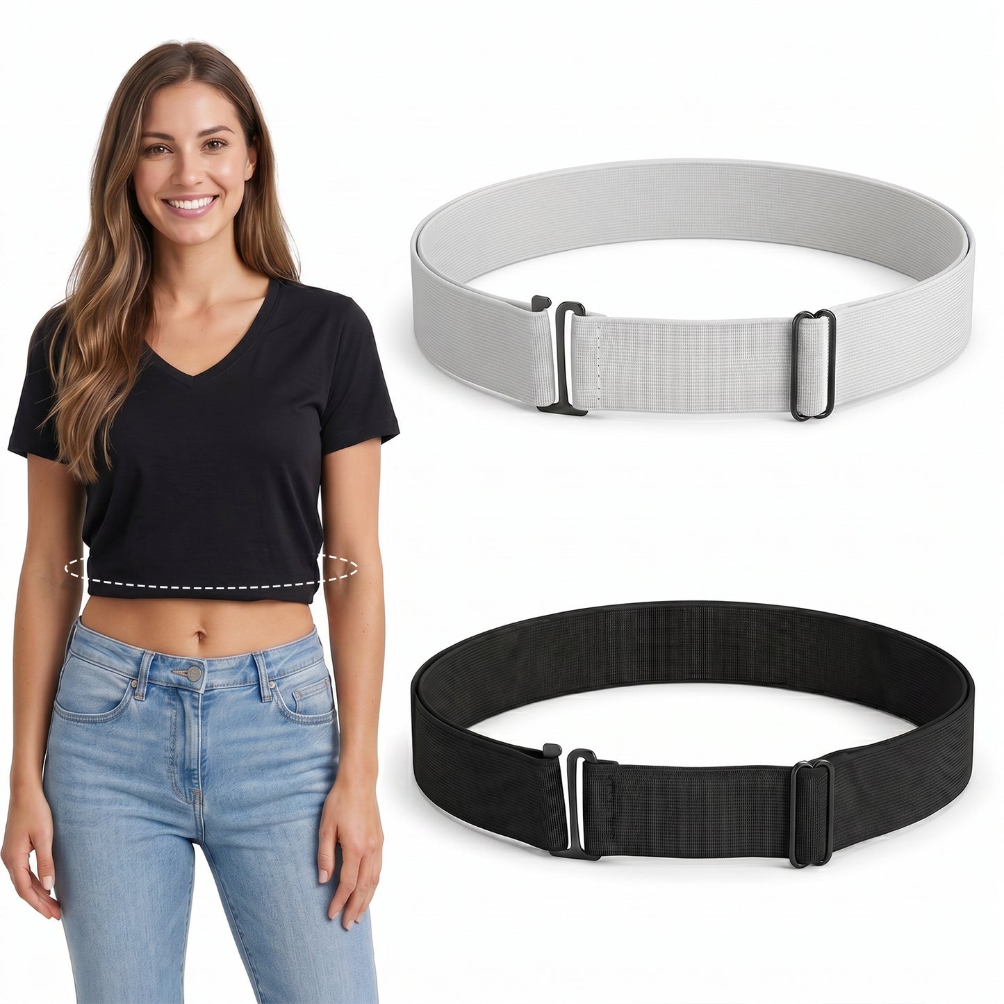 Cobee 2 Pcs Adjustable Crop Tuck for Shirts, Adjustable Elastic Belts for Women Elastic Tucky Belt Crop Tops Stretch Band to Change Style of Tops (Black,White)
