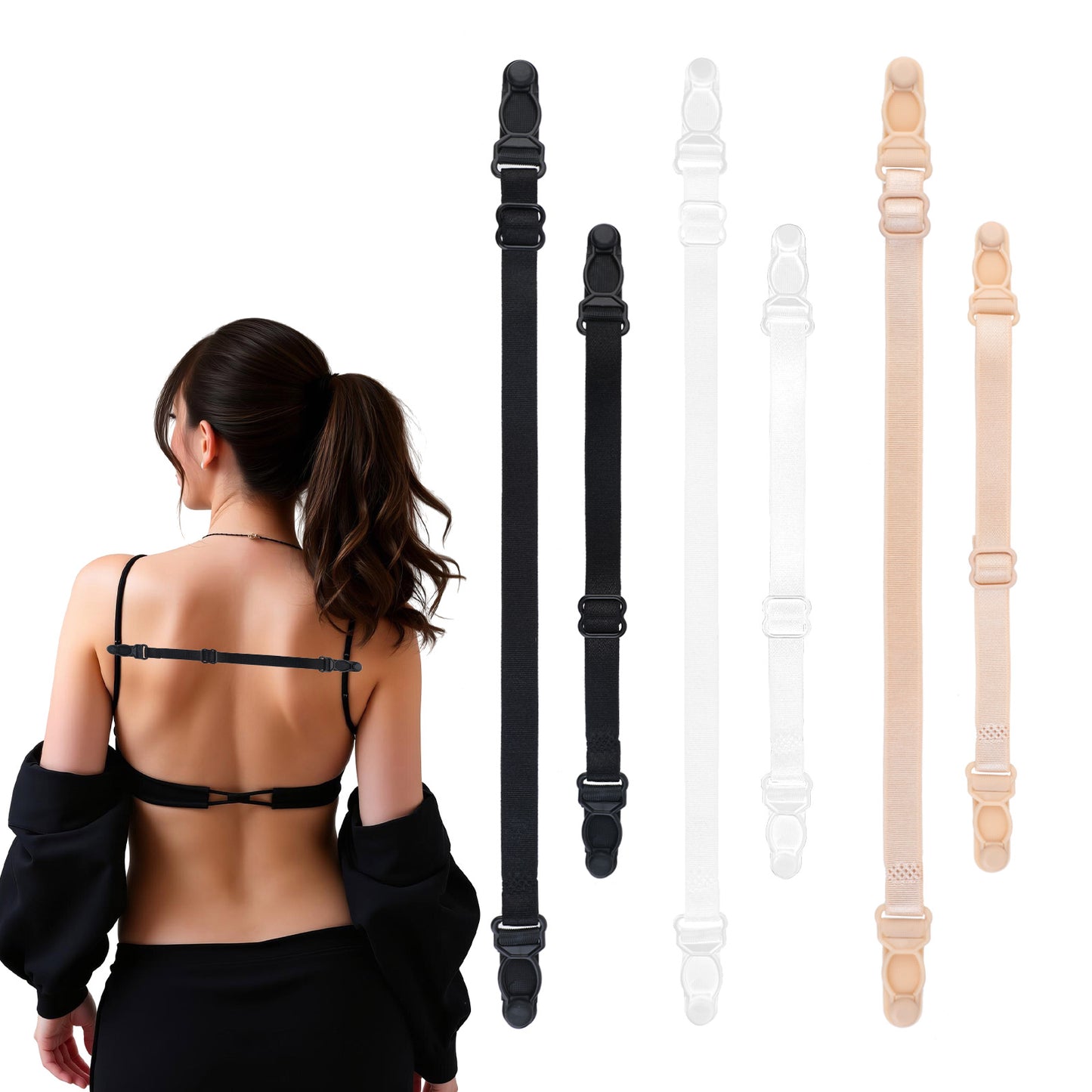 6 Pcs Bra Strap Clips, Bra Strap Holders for Slipping, Racer Back Conceal Bra Straps Non-slip Elastic Cleavage Control (White, Black, Skin Color)