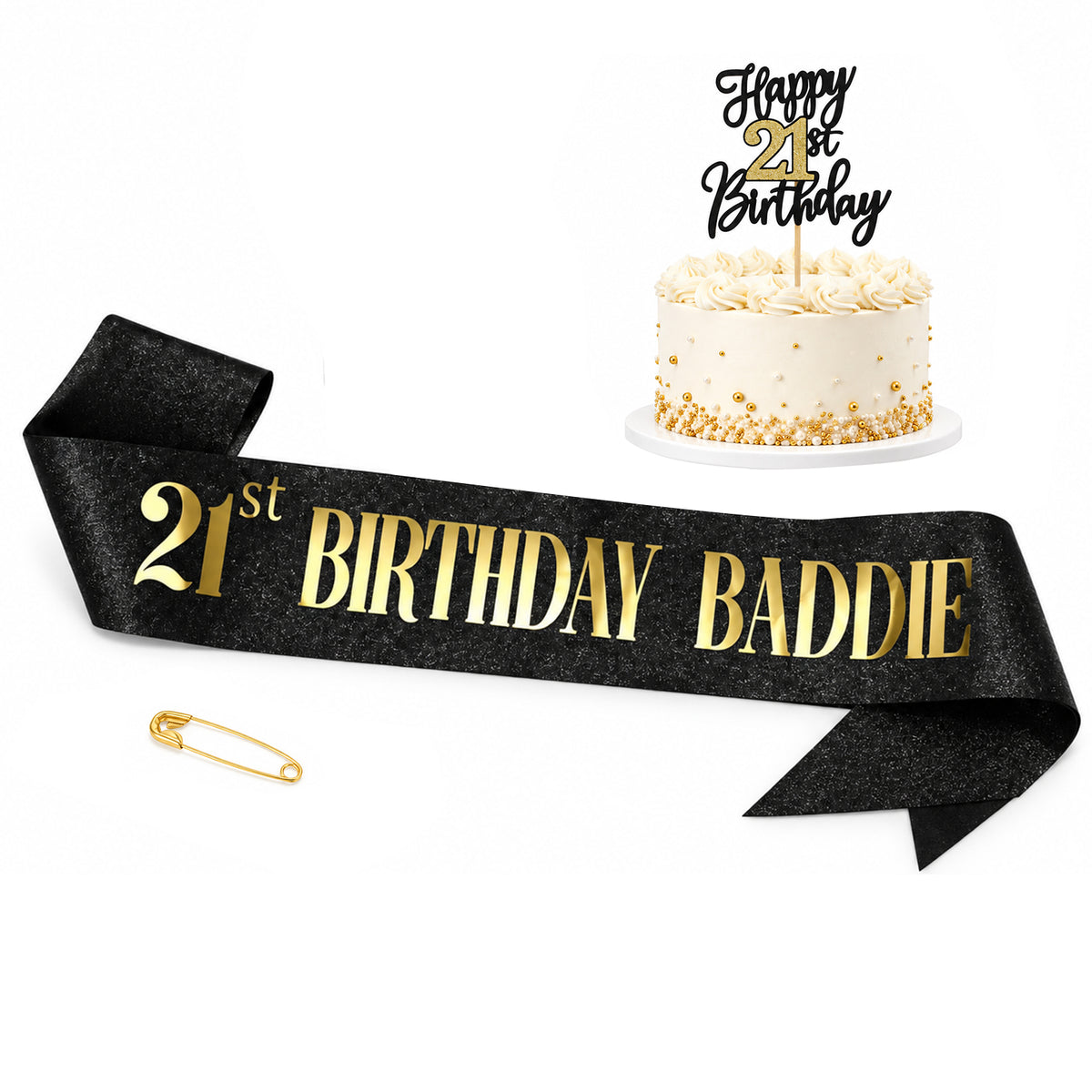 YUXMU 21st Birthday Sash, Gold Black Glitter Baddie Sash with Cake Topper