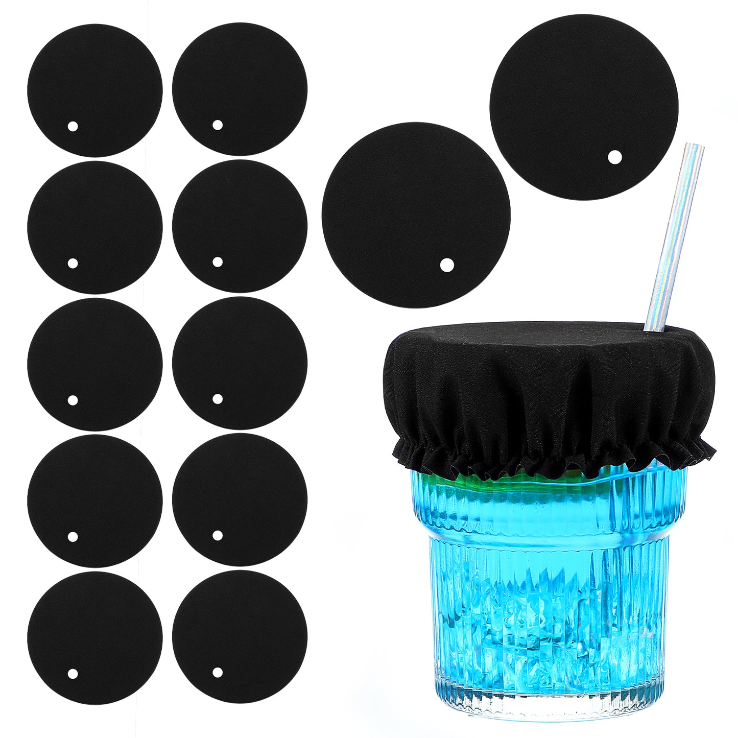 YUXMU 12 Pcs Reusable Drink Covers, Washable Drink Cover Scrunchie Glass Cup Covers Nightcap Protector with Straw Hole for Women Girls Alcohol Protection Party Bar Club(Black)