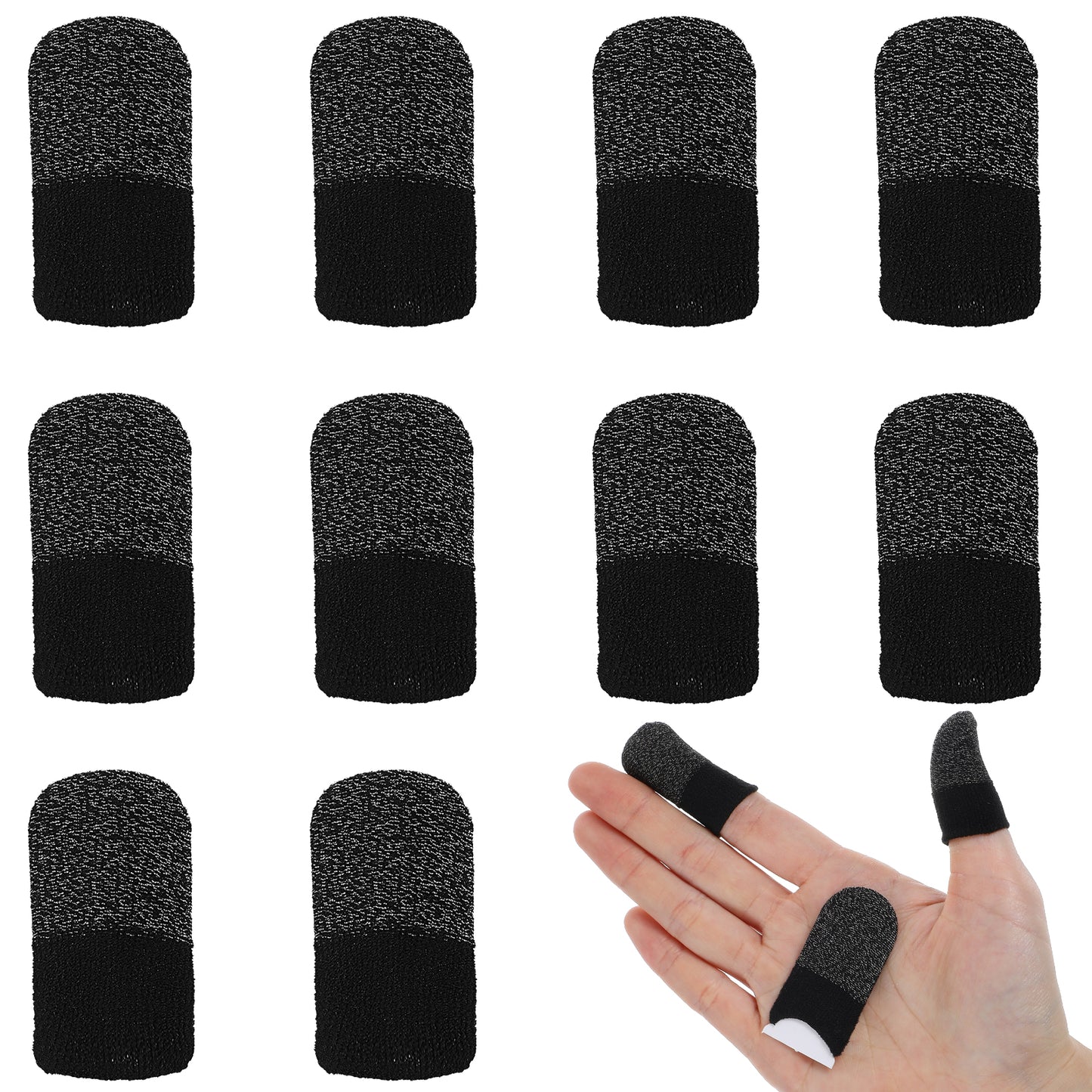AOZUO 10pcs Finger Sleeve for Gaming, Silver Fibers Gaming Finger Gloves Breathable Seamless Sweatproof Touchscreen Finger Cover Thin Thumb Protector Compatible with Touchscreen Devices (Black)