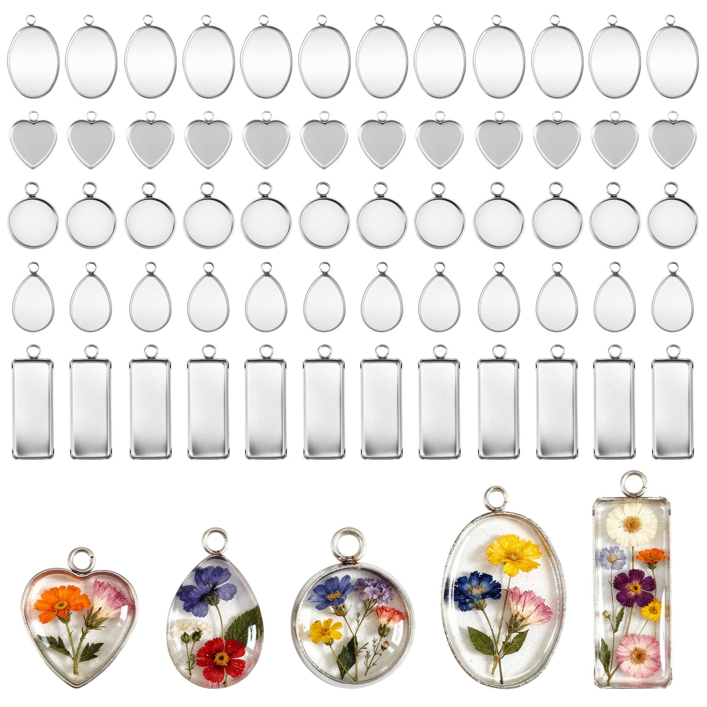 DOPENSPI 60 Pcs Stainless Steel Pendant Trays Kit, 5 Styles Round Bezel Pendant Trays Silver Pendants Blanks Cabochons Flat Back Base for Resin Jewelry Making DIY Crafts Necklace Earring Keychain