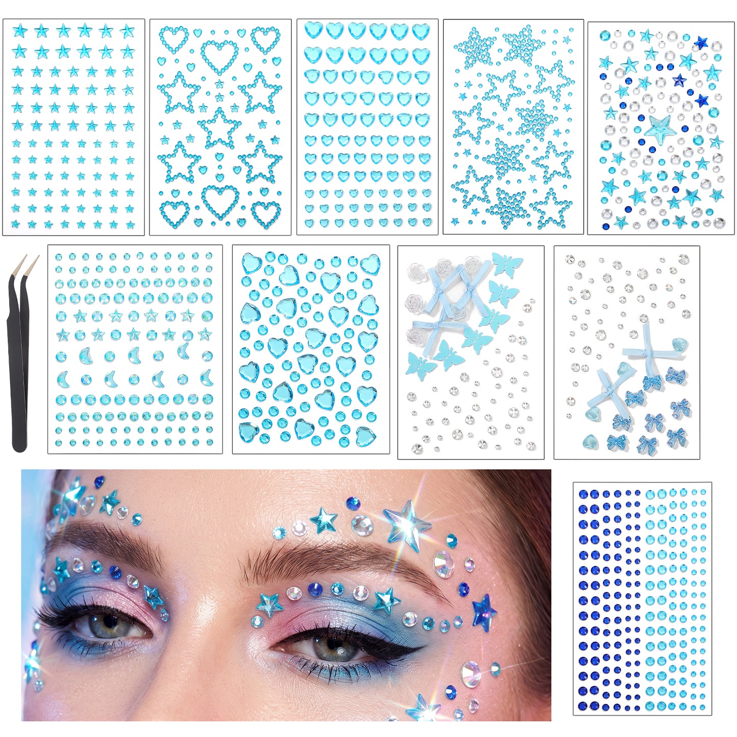 Yuanchu 10 Sheets Blue Face Gems, Star Rhinestone Face Jewels Body Gems