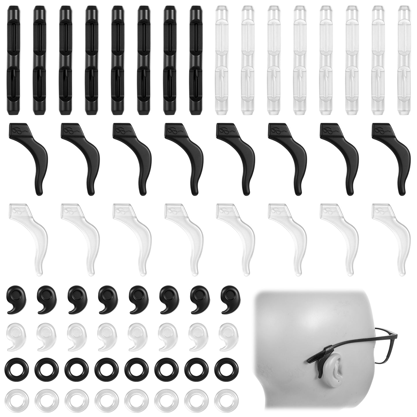 JJUNW 32 Pairs Glasses Ear Grippers, Eyeglasses Ear Grippers Set, Silicone Glasses Ears Hook Anti-Slip Eyeglass Holder, Eyeglass Grip for Behind Ears for Sunglasses, Sports, Study