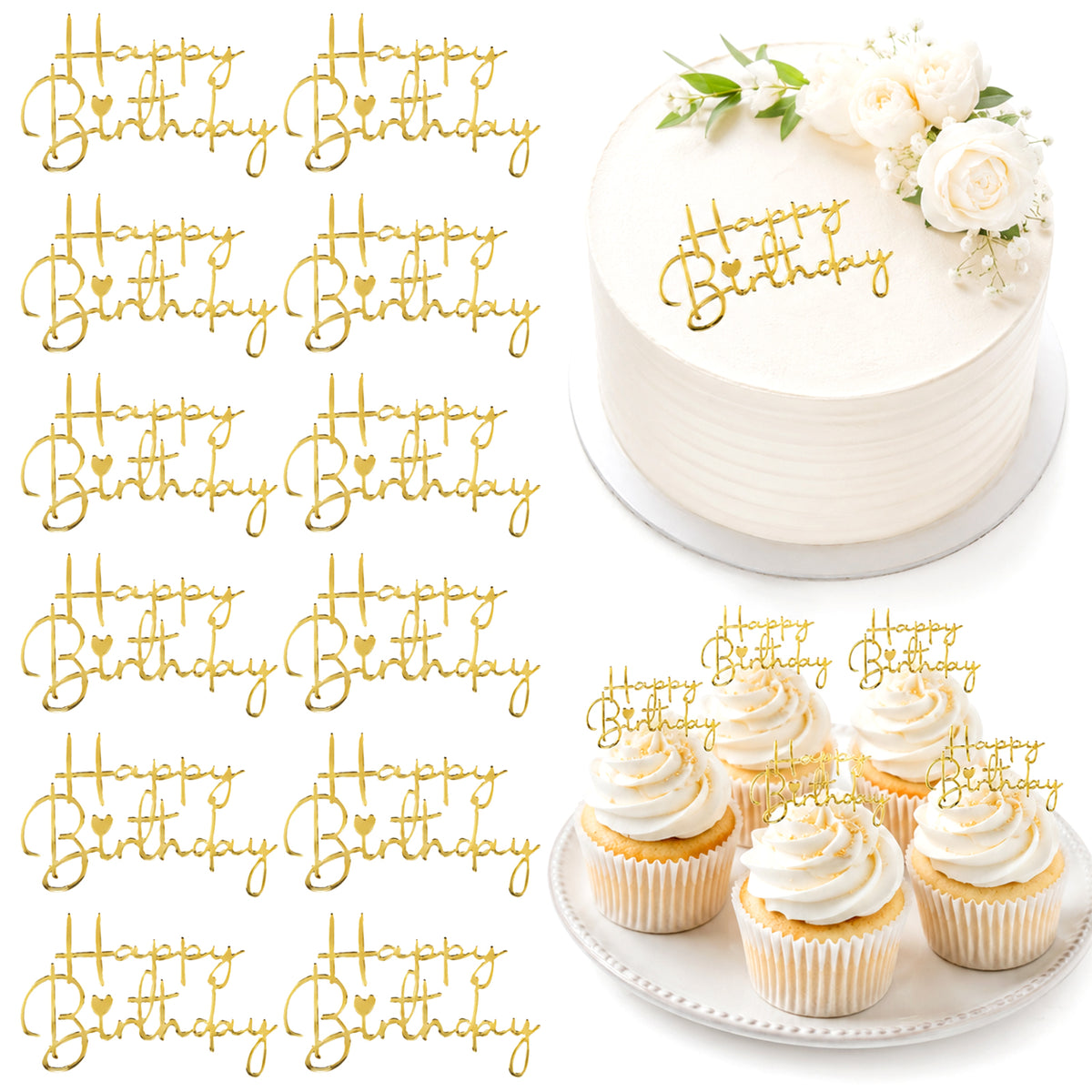 SULIKJHUI 12 Pcs Gold Happy Birthday Cake Topper