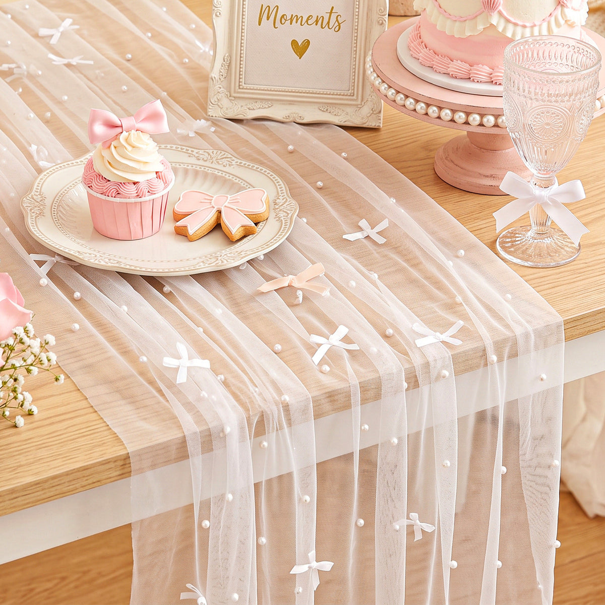 cobee White Pearl Table Runner, 75x300 cm Sheer Tulle Wedding Decor