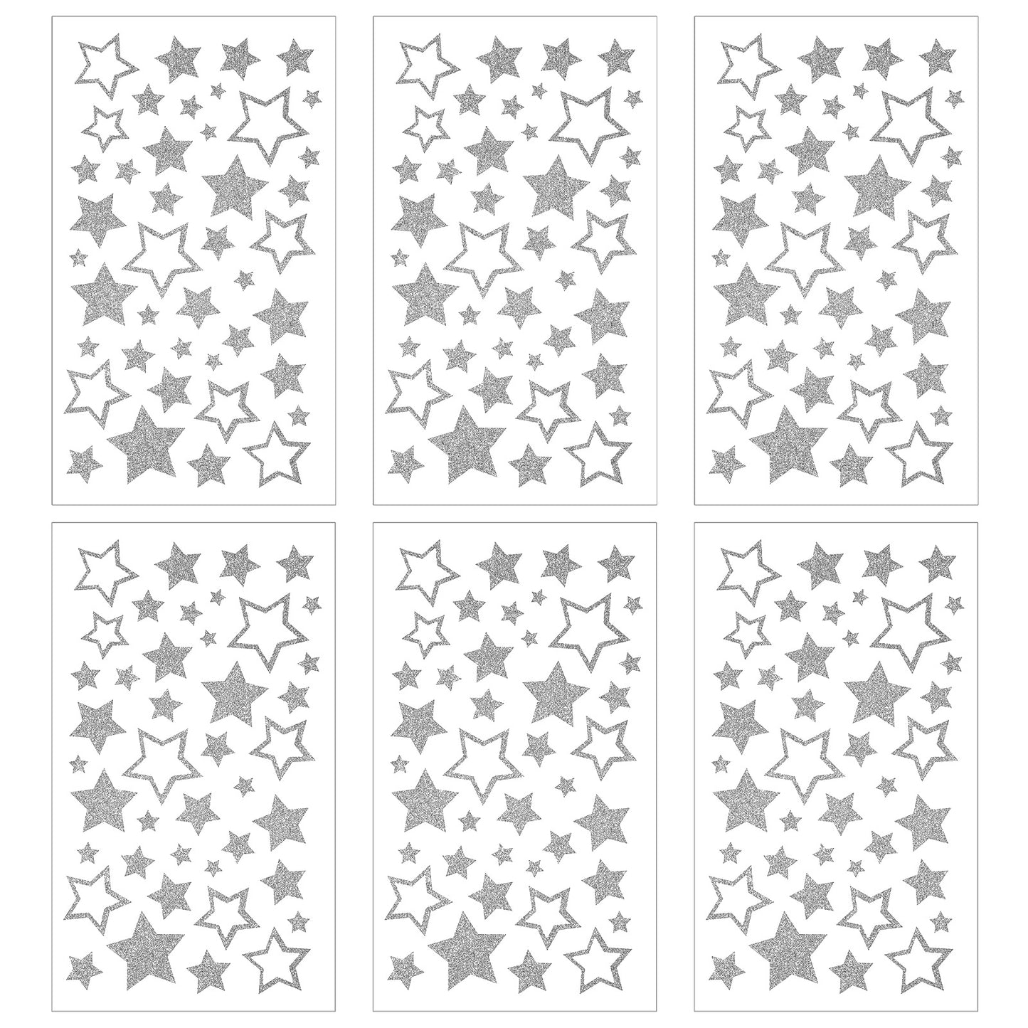 WJIAAA 6 Sheets Glitter Silver Star Stickers, Self Adhesive Star Labels for Crafts Kids Reward Christmas Decoration Classroom Supplies(Silver)