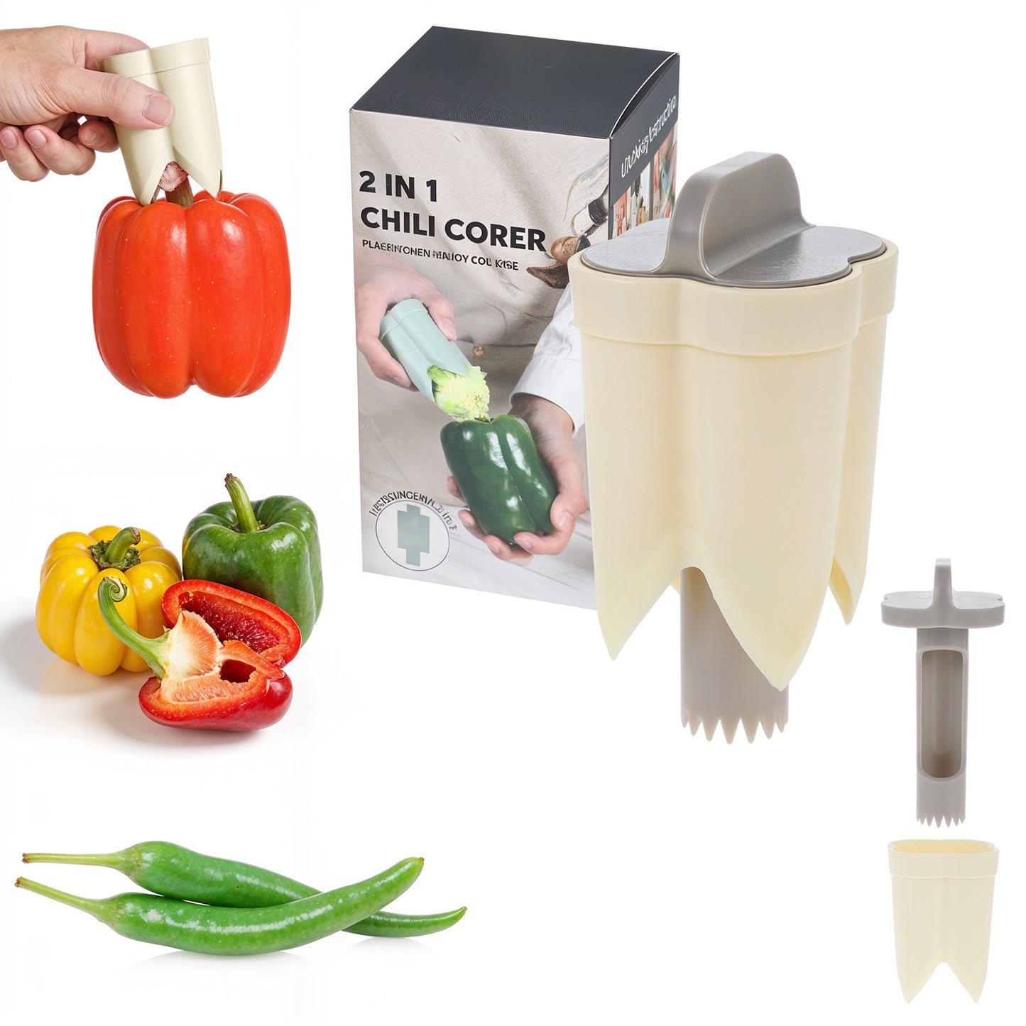 Yuanchu 2Pcs Pepper Corer Tools, 2 in 1 Pepper Seed Corer Remover Bell Peppers Cutter Deseeding Pepper Corers Tool Fruit Quick Corer for Vegetables Kitchen Home Family Camping(Cream White)