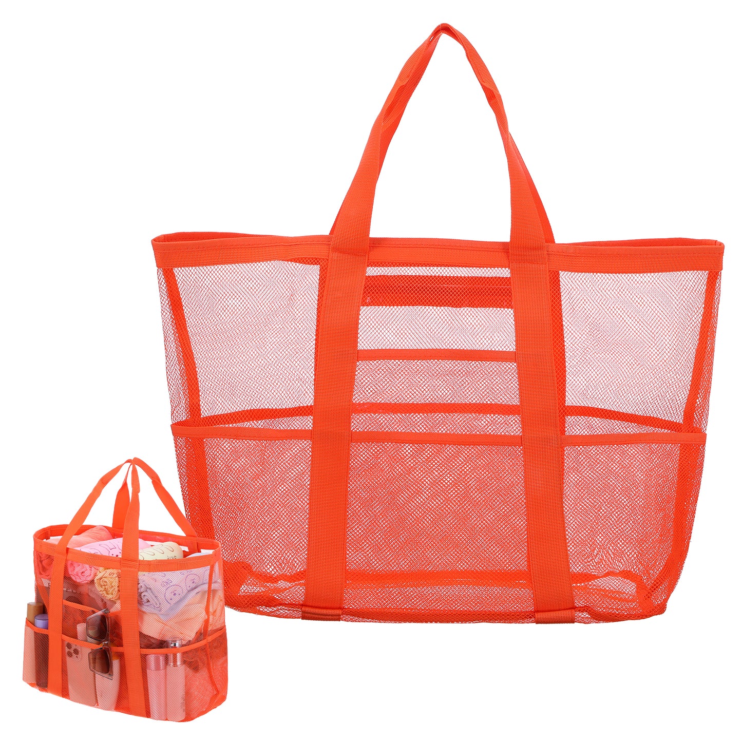 HJZHII Large Mesh Beach Bag, Travel Tote Bag with 9 Pockets Foldable Pool Bag for Women Vacation Beach Accessories(Orange)