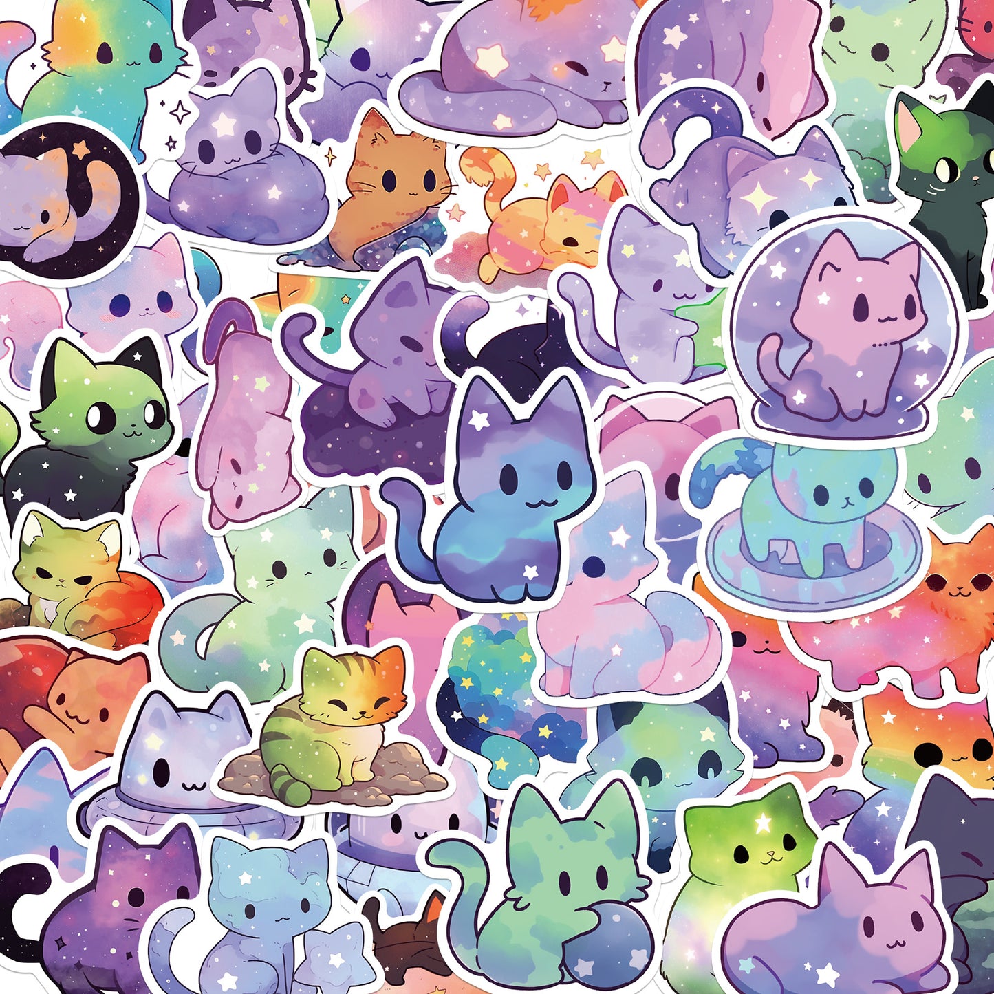 Molain 50 Pcs Cartoon Starry Sky Cat Stickers, Cute Kawaii Aesthetic Cat Sticker Waterproof Vinyl Decals Funny Cats Sticker for Laptop Water Bottle Phone Scrapbooking Planner Journal