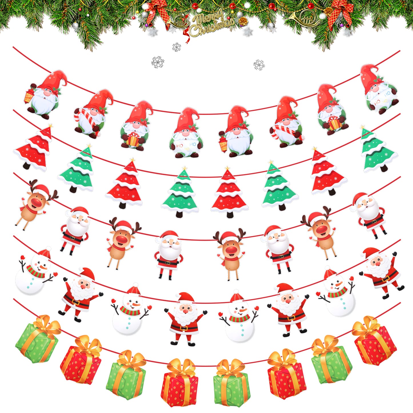 GEEHUA 5Pcs Christmas Banners Flags Hanging Bunting with Santa Claus Xmas Tree Snowman Reindeer Christmas Gift Box Paper Hanging Banner Christmas Decorations Indoor Party Supplies