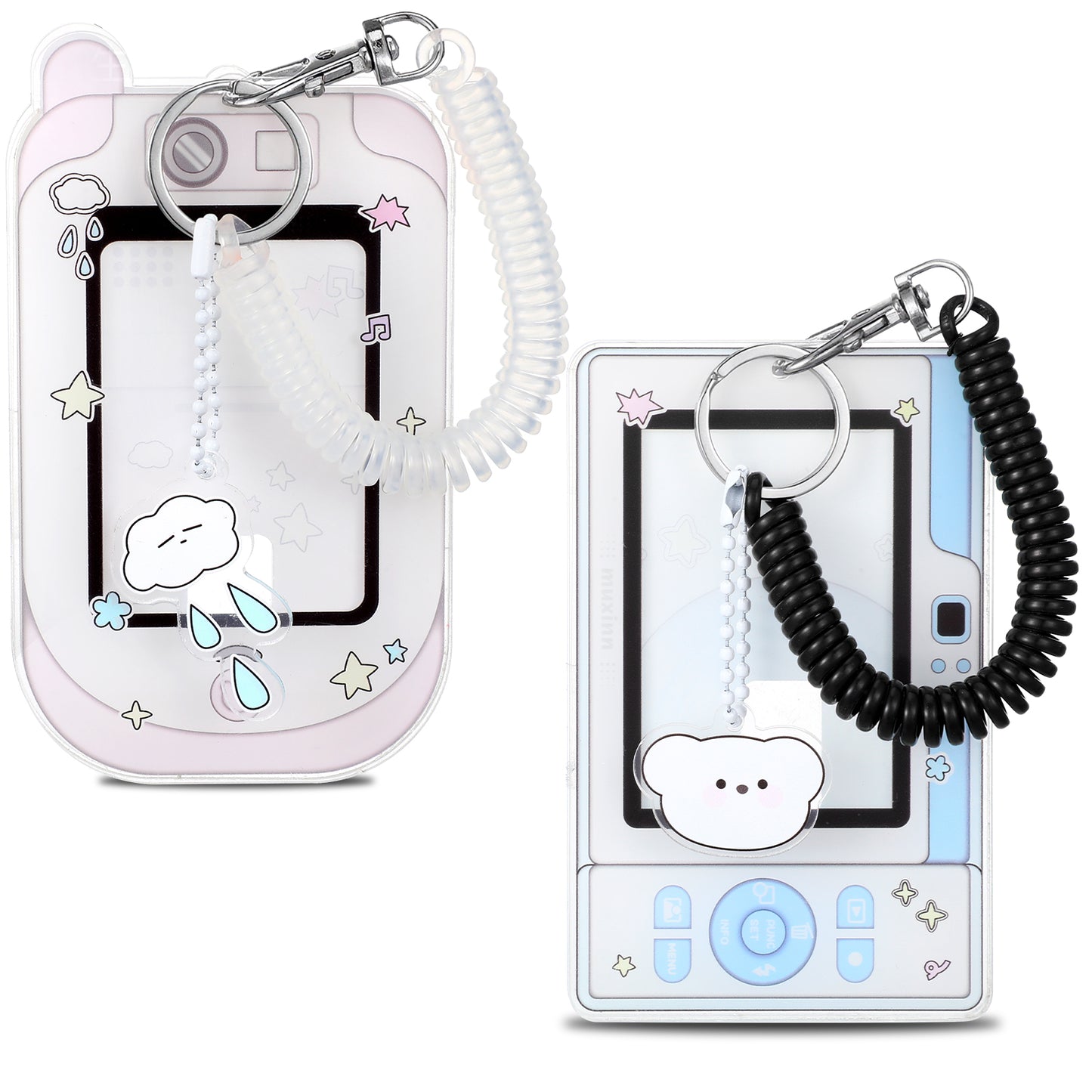 XLIUAX Pack of 2 Photocard Holder, Cartoon Idol Photo Card Holder Key Chain, Cute ID Card Holder with Cloud Bear Pendant, Spiral Wrist Reel, Photo Card Holder for School Office