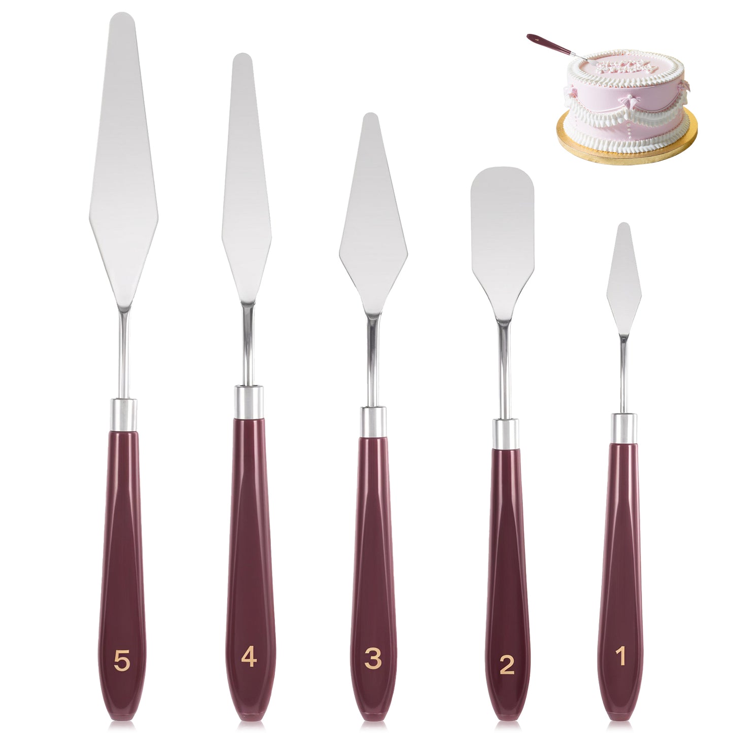 Giantree 5 Pieces Cake Cream Spatula, Stainless Steel Cake Spatula with Frosting Icing Decorating Knife, Art Painting Baking Pastry Tool Palette Knife for Cake Fondant Chocolate