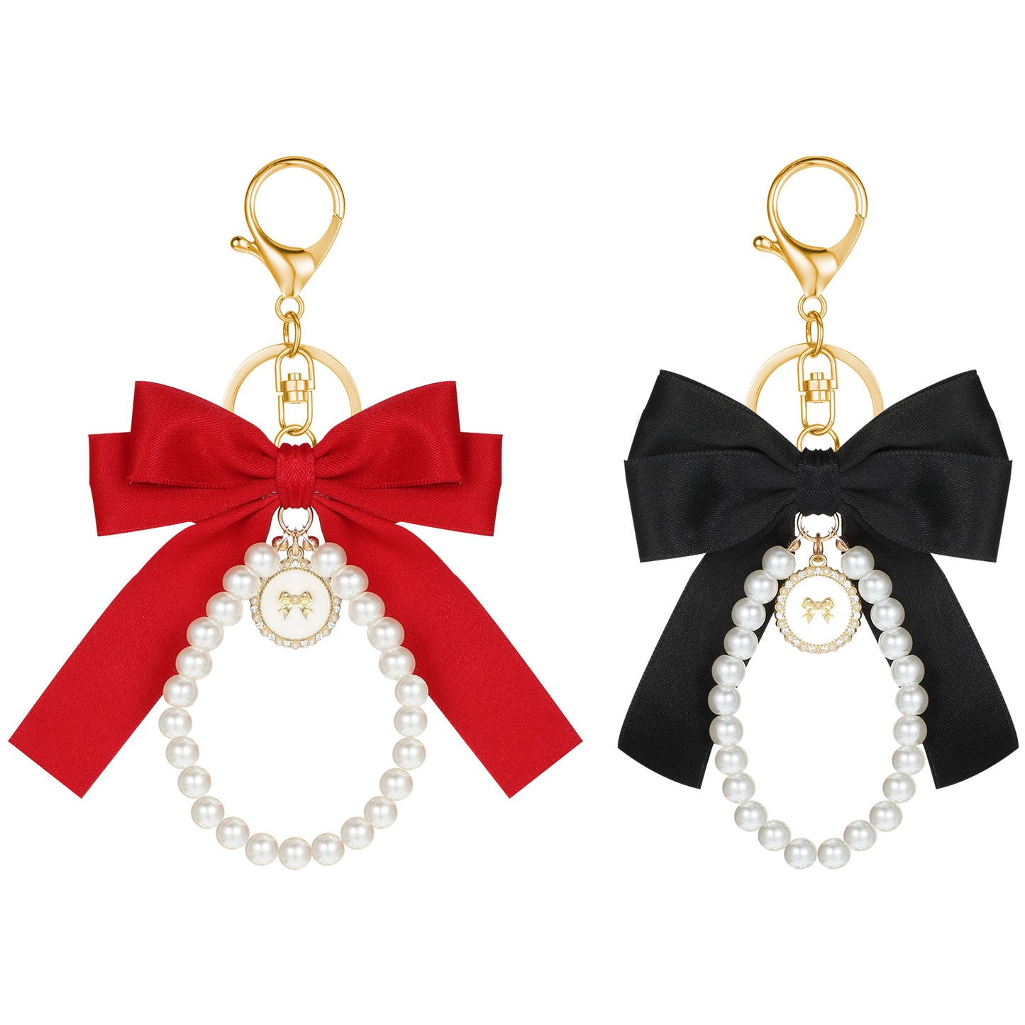 cobee 2 Pcs Bow Keychain Pearl Wristlet, Red Bag Charms Coquette Lacing Bow Flower Keychain, Pearl Keychain Purse Charms for Women Girl Key Chains Car Keys Holder Accessories Gift(Black+Red)