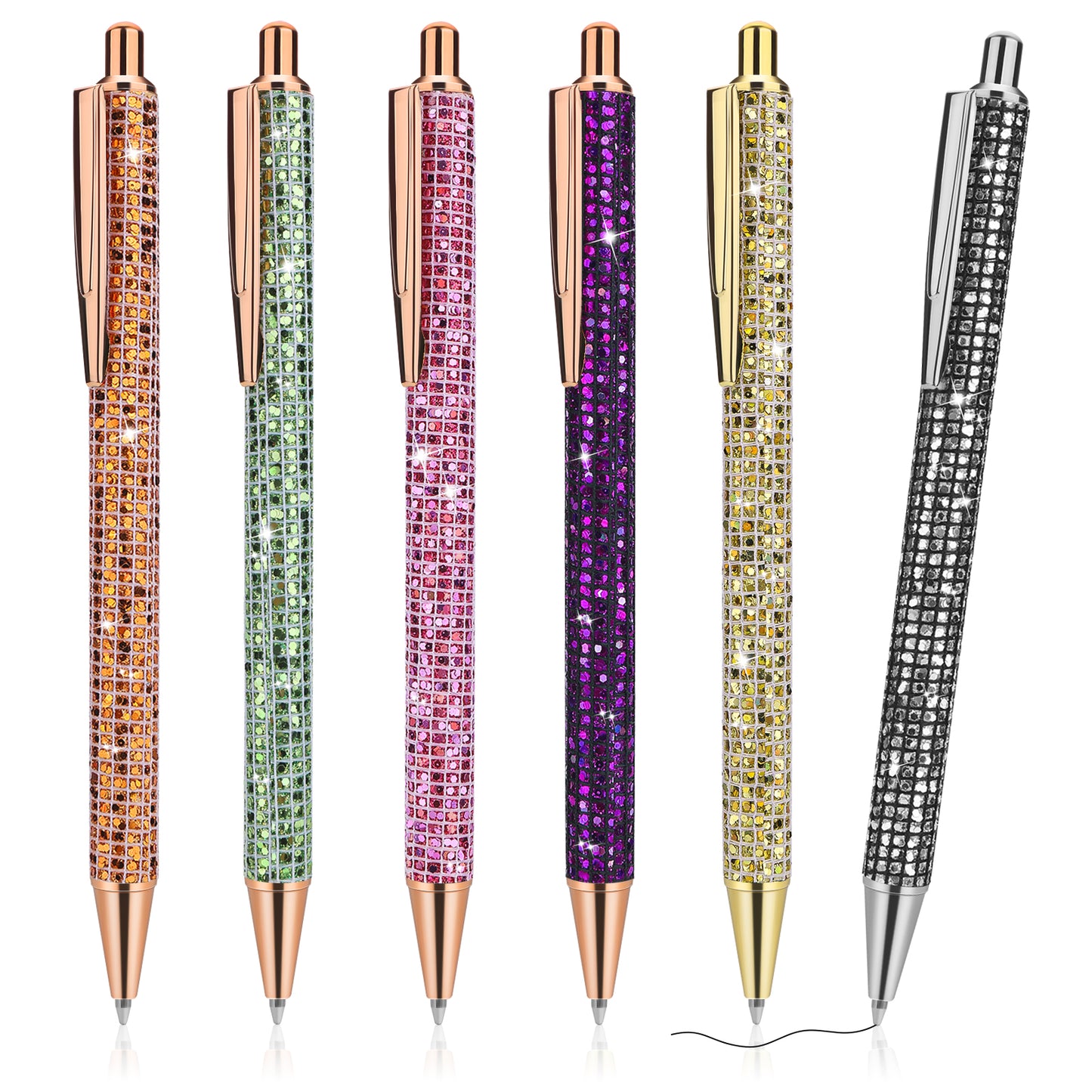 Molain 6 Pcs Bling Sparkly Metal Pens, Retractable Ballpoint Pens Cute Glitter 1.0mm Black Ink Fine Point Gift Writing Journaling Students Teachers Drawing Gift(Plaid Style) (543396_1-LYJ-1)