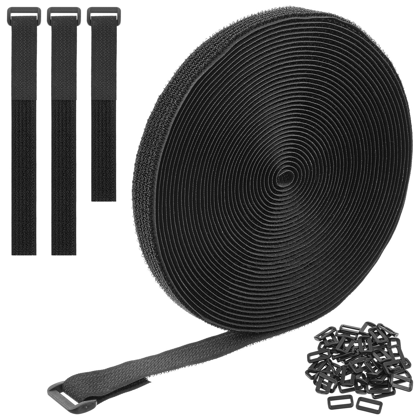 WJIAAA 1 Roll 10m Adjustable Cable Strap with 50 Buttons, 2cm Wide Hook and Loop Straps for Cable Management, Reusable Fastening Cable Ties, Cut to Length Cord Organizer, Black Nylon