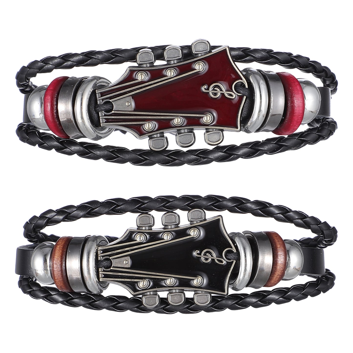 WJIAAA Retro Leather Guitar Bracelet, Adjustable Multi-Layer Wristband, Music Gifts for Men, Black Punk Rock Guitar Accessories(Red)