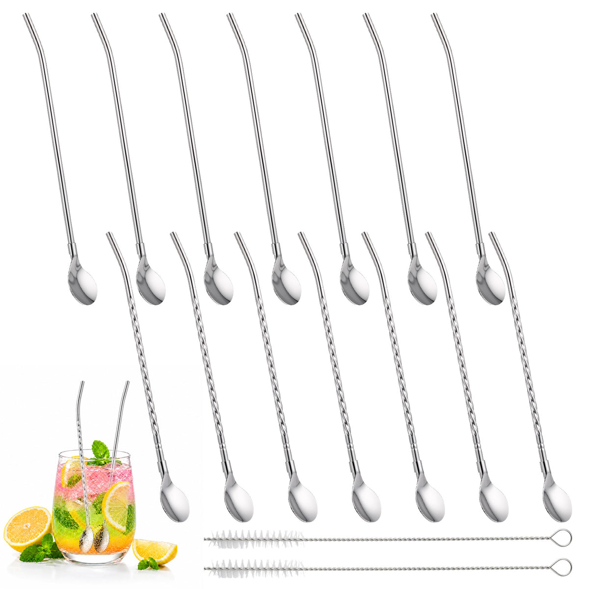 GEEHUA 14PCS 2-in-1 Stainless Steel Slushie Straws with Spoons and Brushes