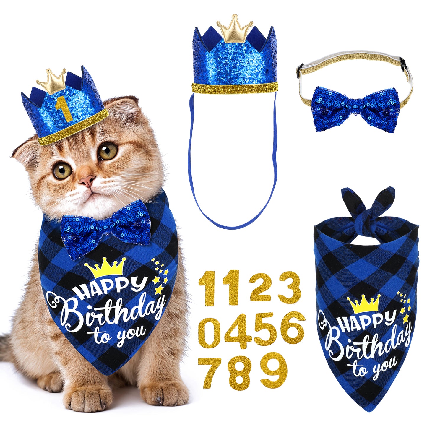 Yuanchu Cat Birthday Party Supplies, Cat Birthday Decorations Set Crown with Numbers Bandana Bow Tie for Cats Kittens Decoration