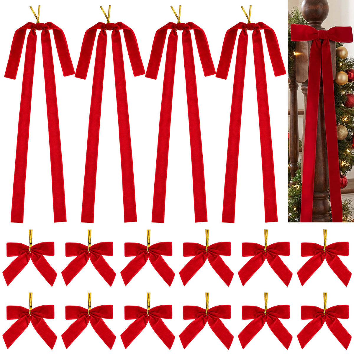 Cobee 16 Pcs Red Velvet Christmas Bows,4 Large 12 Small Tree Wreath Decor