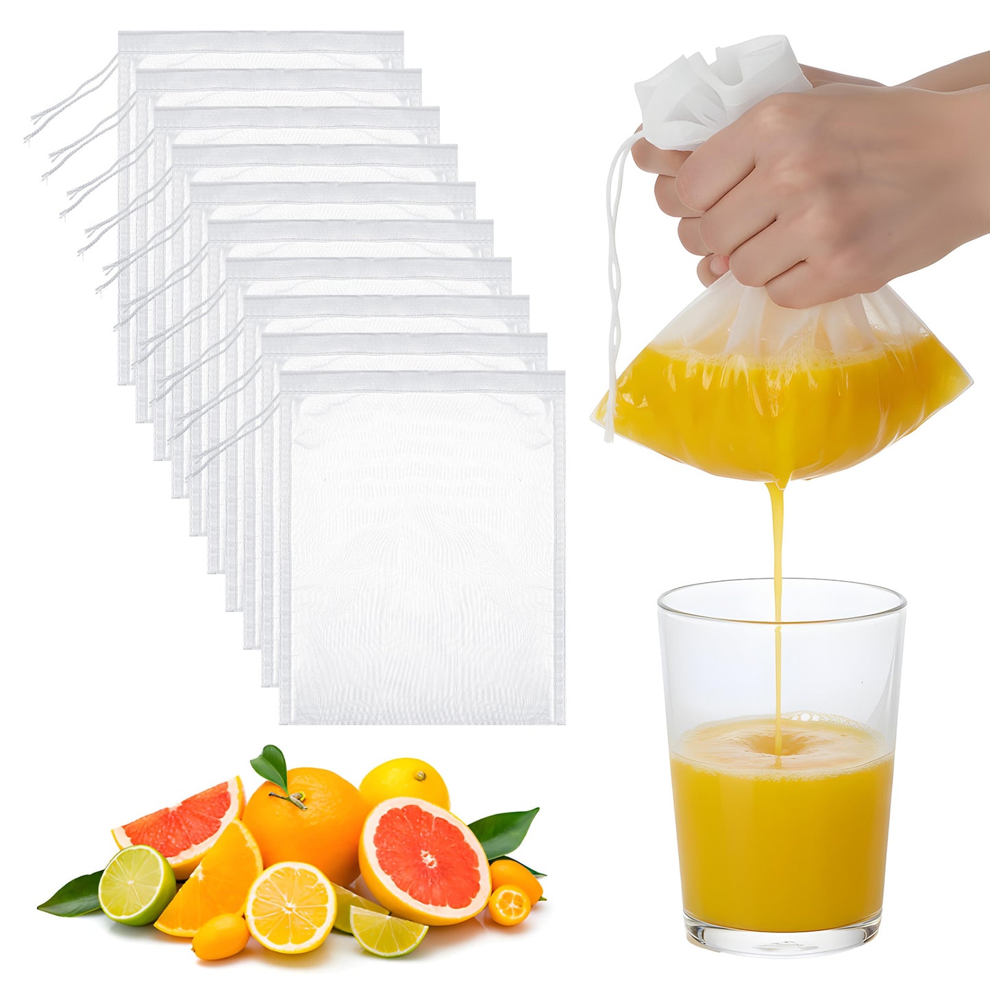 XLIUAX 10 Pack Nut Milk Bag, Reusable Nylon Straining Juicing Bag, 7.87 x 5.91 Inch White 200 Fine Mesh Drawstring Bags for Straining Wine Strainer Fruit Juice Coffee Tea Yogurt Cheese Coffee Almond