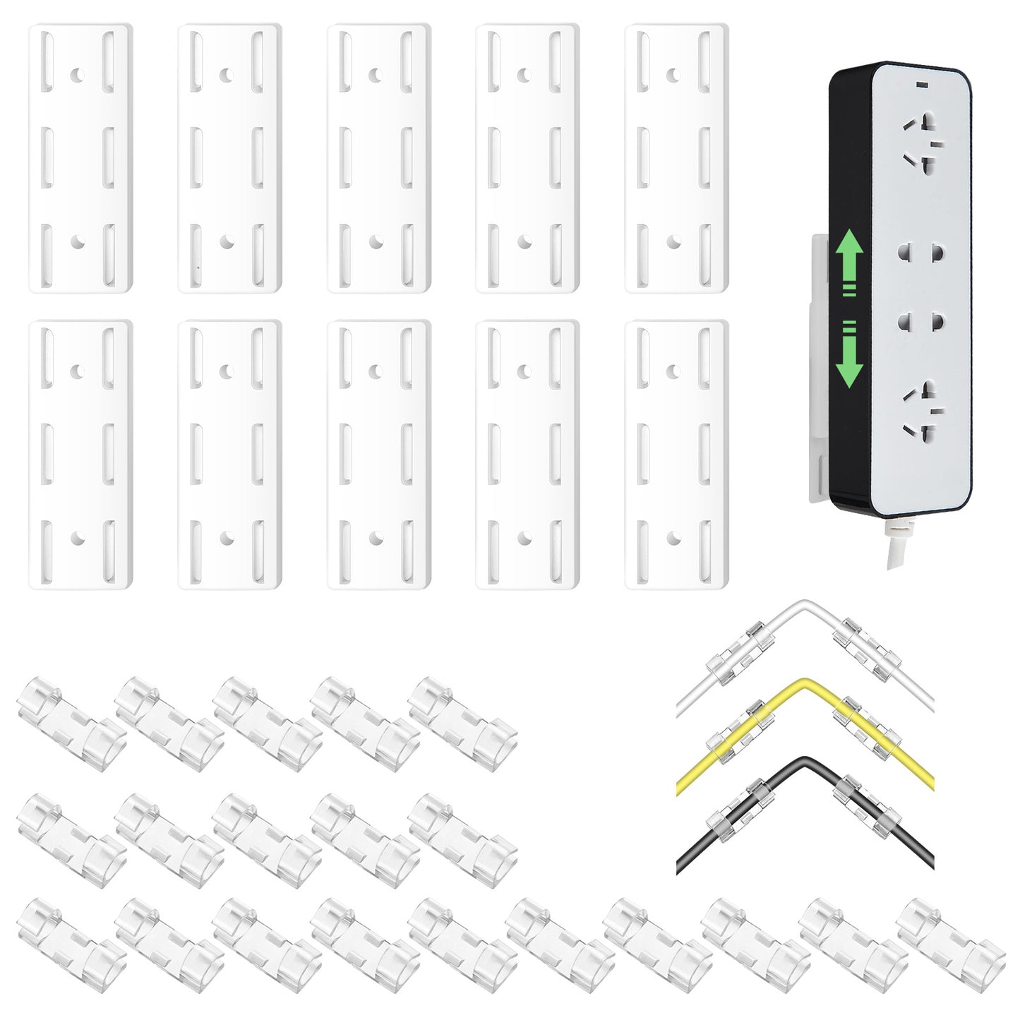 Molain Adhesive Punch-Free Socket Holder, 10Pcs Power Stirp Holder with 20Pcs Cable Clips Kit, Self-Adhesive Power Strip Holder for Router Power Strip Wall Mount Space Saving and Easy to Install