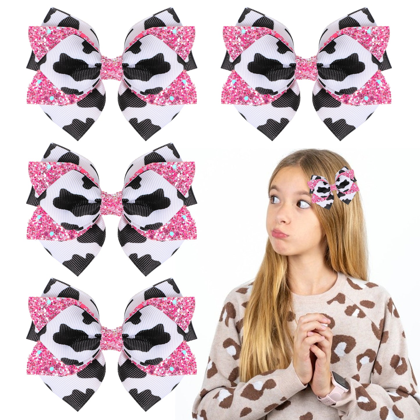 Yuanchu 4 Pcs Cow Print Hair Bows, Cute Glitter Hair Clips Cow Hair Barrettes Ribbon Hair Accessories for Girls Women(Pink)