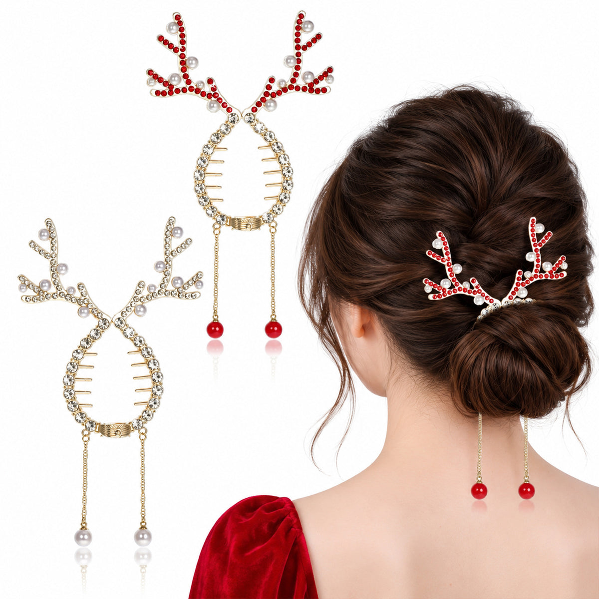 GEEHUA 2Pcs Christmas Reindeer Antler Rhinestone Hair Bun Clips for Women