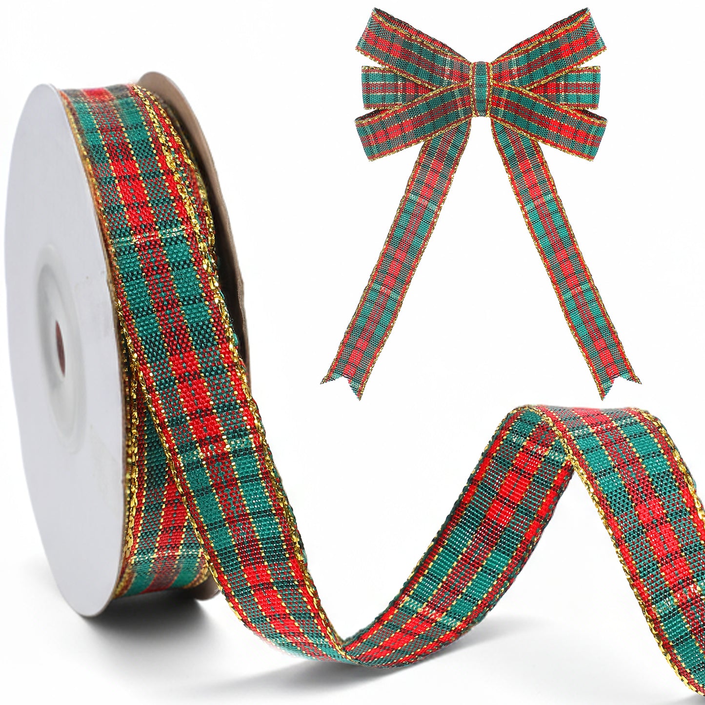 DOPENSPI 25 Yard 2/5 Inch Christmas Plaid Ribbon, Woven Edge Gingham Ribbon Red Green Gold Nylon Plaid Christmas Ribbons for Crafts Gift Wrapping DIY Home Party Decorations(1.5cm/0.6in)