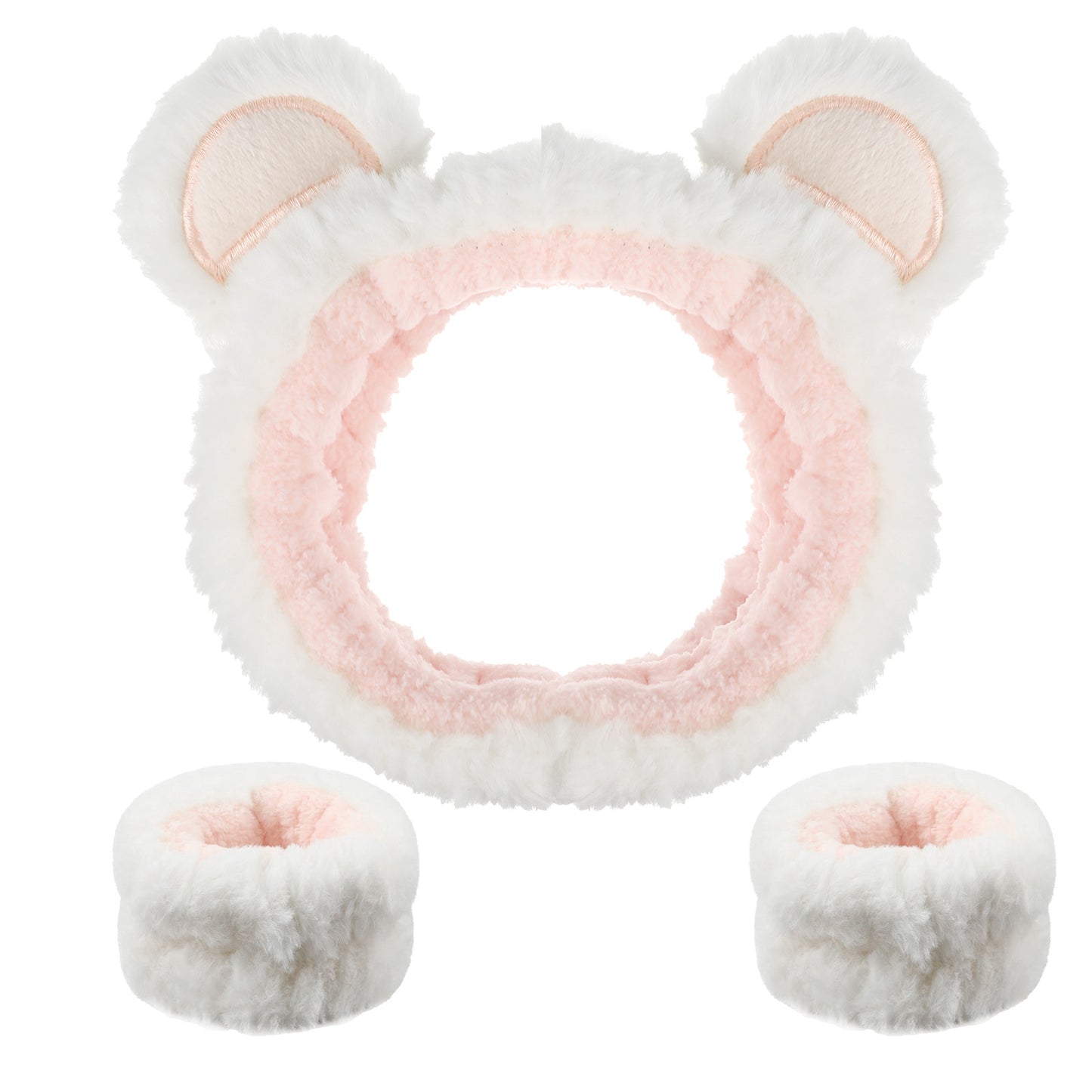 Cobee 3 Pcs Bear Ears Face Wash Headband, Skincare Headband And Face Wash Wristbands, Cute Soft Elastic Makeup White For Women's Facial Makeup, Skincare, And Washing