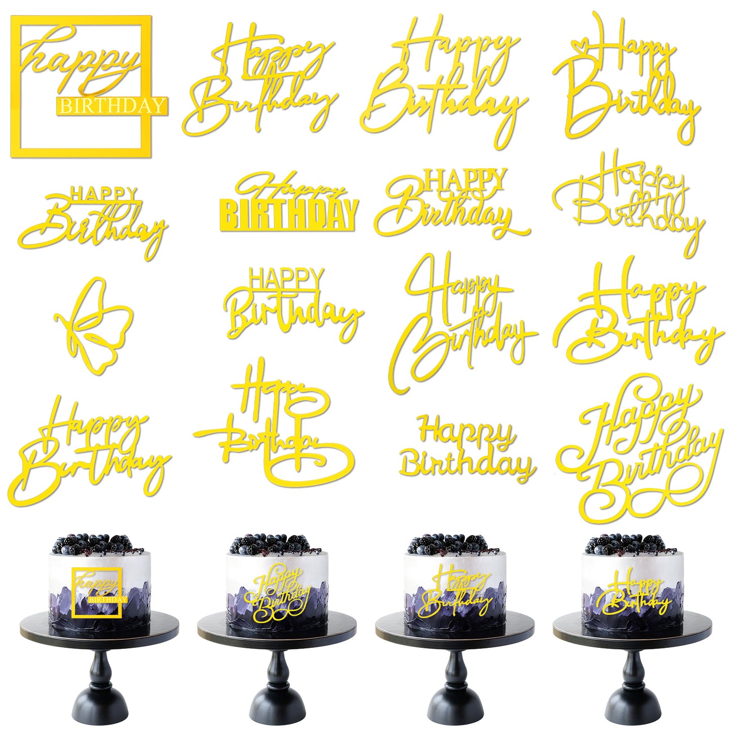 TIESOME 16PCS Gold Happy Birthday Cake Toppers, Gold Mirror Acrylic Cake Inserts Side Cake Topper Decorations Cupcake Toppers for Birthday Party Cake Desserts Pastries