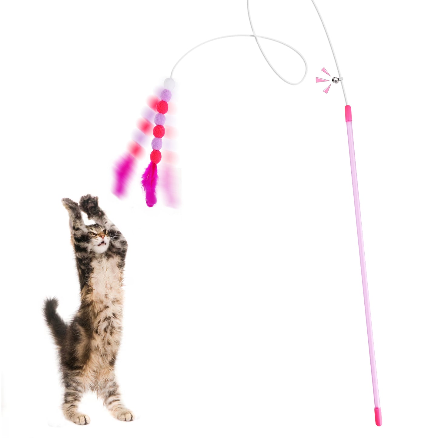 DOPENSPI Cat Wand Toy, 30 cm Interactive Feather Teaser Wand with Bell Plush Ball Interactive Cats Catcher Indoor Cat Exerciser Training Stick