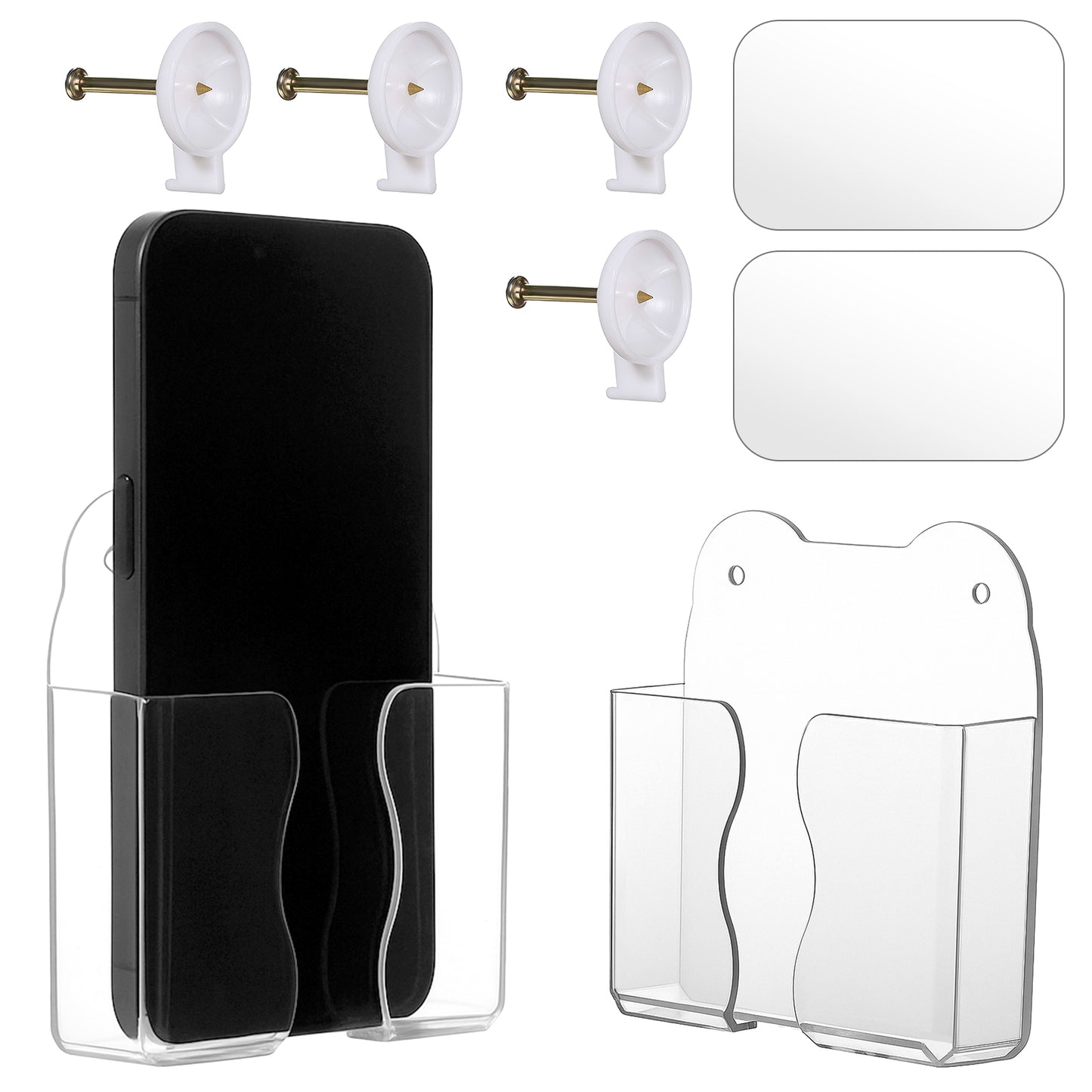 Bewudy 2 Pcs Wall Mounted Phone Holder, Clear Phone Shelf Self Adhesive with Charging Hole Compatible with All Smartphones, Cell Phone Cradle Bedside Organizer Remote Control Stand for Home Office