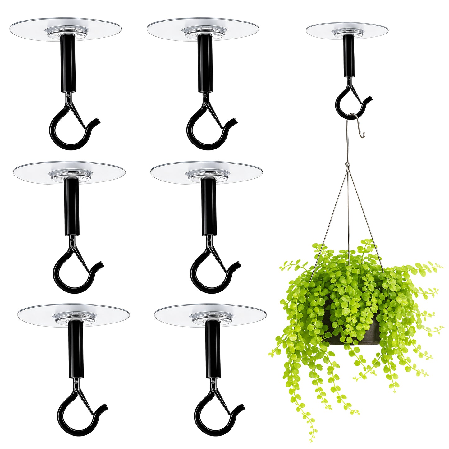 XLIUAX 6 Pack Adhesive Ceiling Hooks, Heavy Duty Adhesive Hooks No Drill Sticky Eye Hook Stick On Ceiling Hanger for Hanging Small Plants Wind Chimes Lanterns(Black)