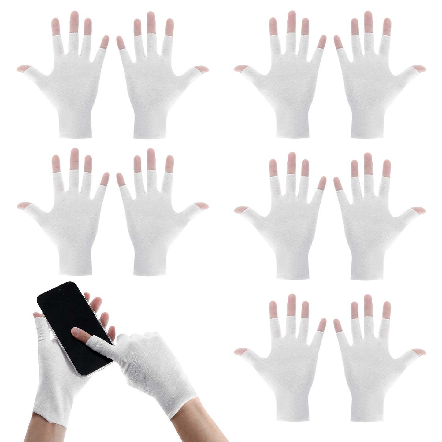 TIESOME 5 Pairs White Cotton Gloves, White Fingerless Gloves Cotton Gloves for Dry Hands Sleeping Touchscreen Spa Skin Treatment