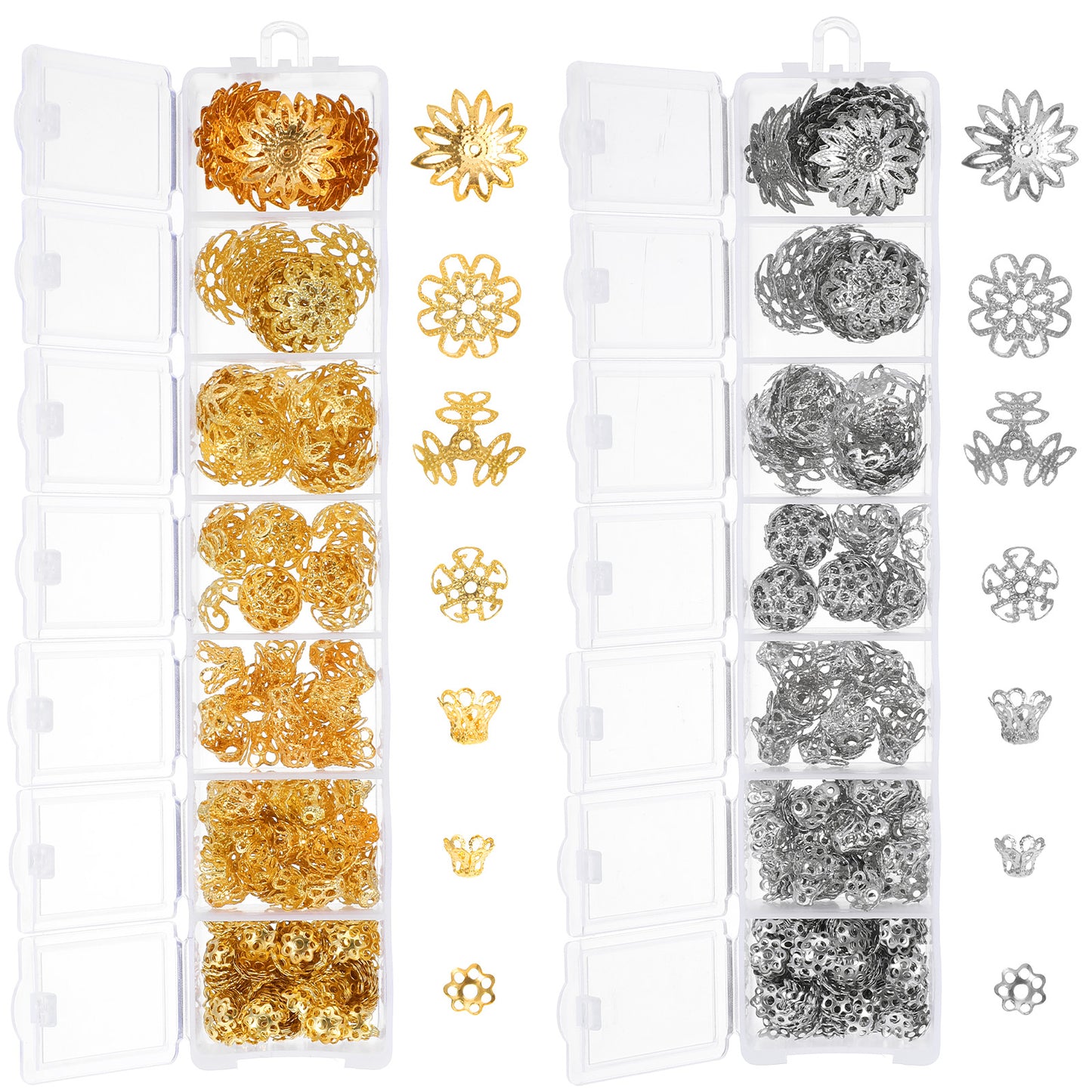WJIAAA Bead Caps, 816Pcs Antique Gold and Silver Metal Alloy Flower Spacer Bead End Caps, 7 Styles for DIY Jewelry Making Supplies