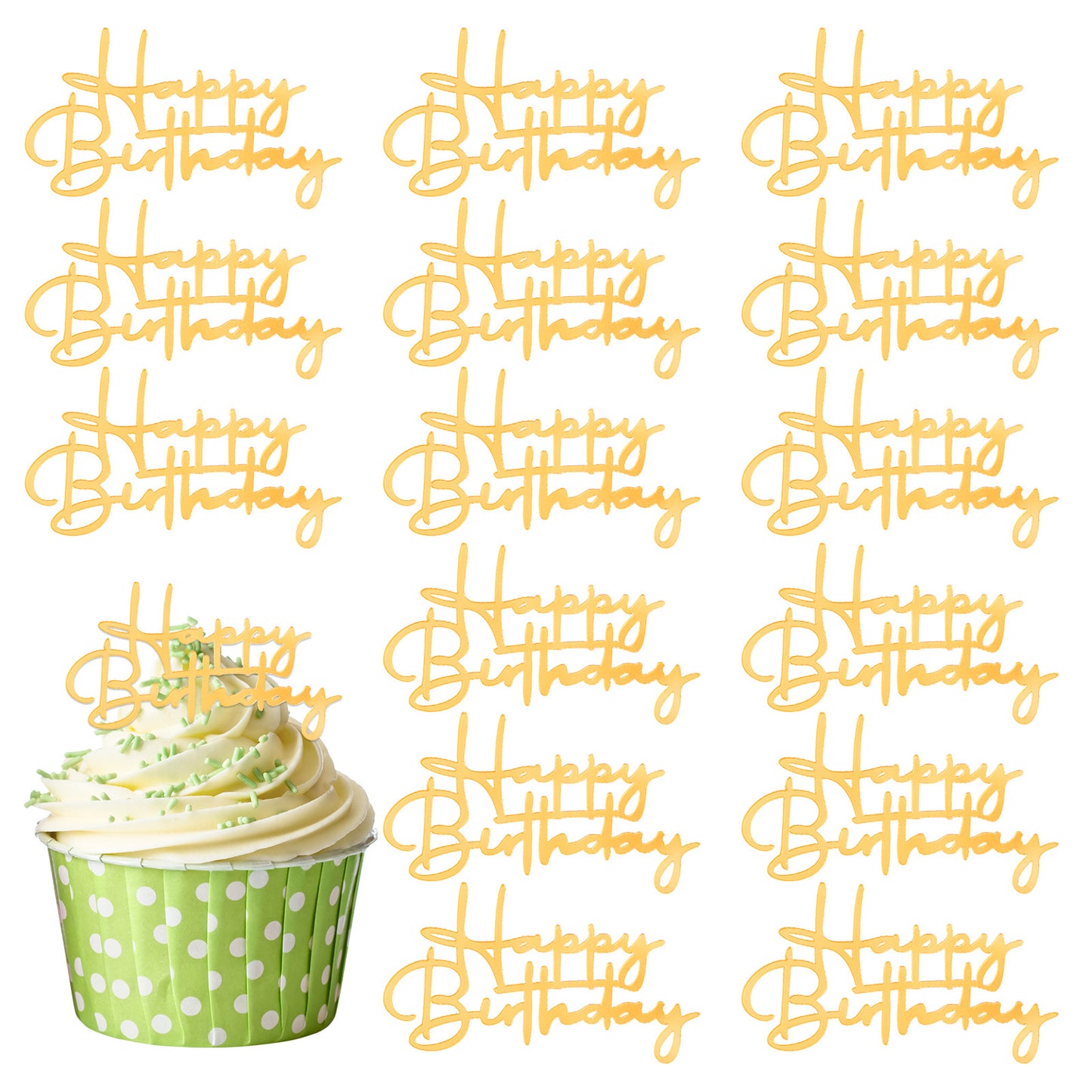 Amabro 15 Pack Gold Mirror Acrylic Happy Birthday Cake Toppers, Cupcake Inserts Toppers Side Mirror Acrylic Sign Decorations for Birthday Party Desserts Pastries