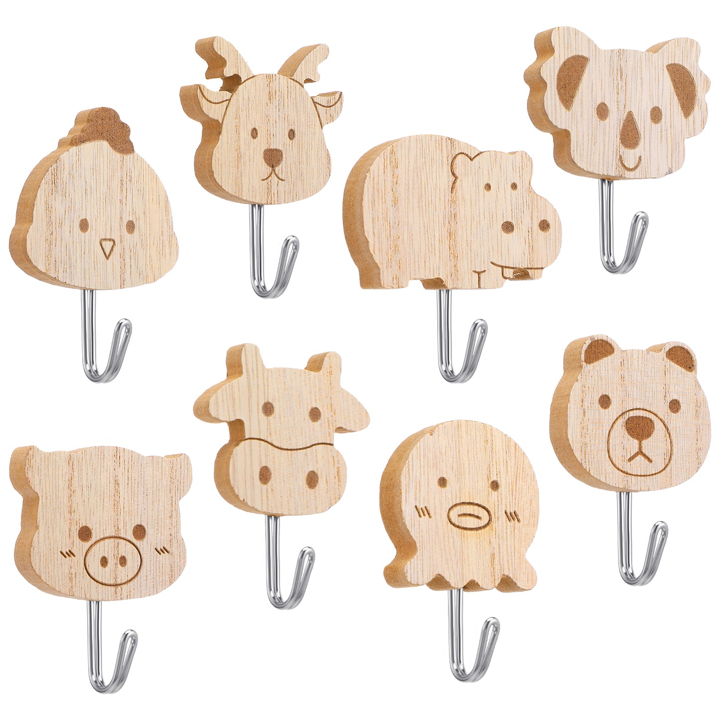DOPENSPI 8PCS Wooden Animal Wall Hooks, Self-Adhesive Cartoon Animal Theme Decoration Cute Hooks Kids Coat Hook for Bedroom Nursery Decor Octopus Pig Chicken Hippopotamus Bear Koala Bull Deer