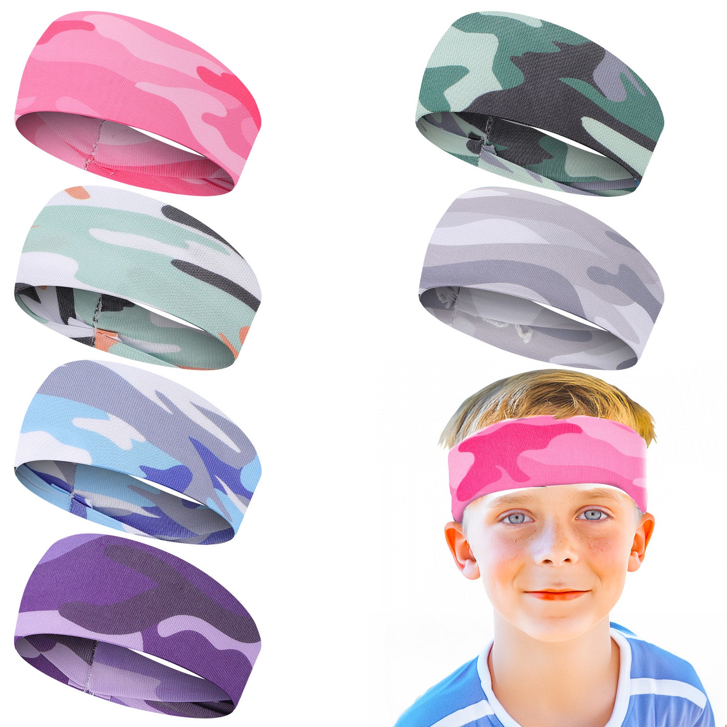 Yuanchu Kids Sports Headbands, 6Pces Breathable Boys Soccer Sweatbands Non-slip Elastic Headband Moisture Wicking Sweat Band for Basketball Baseball