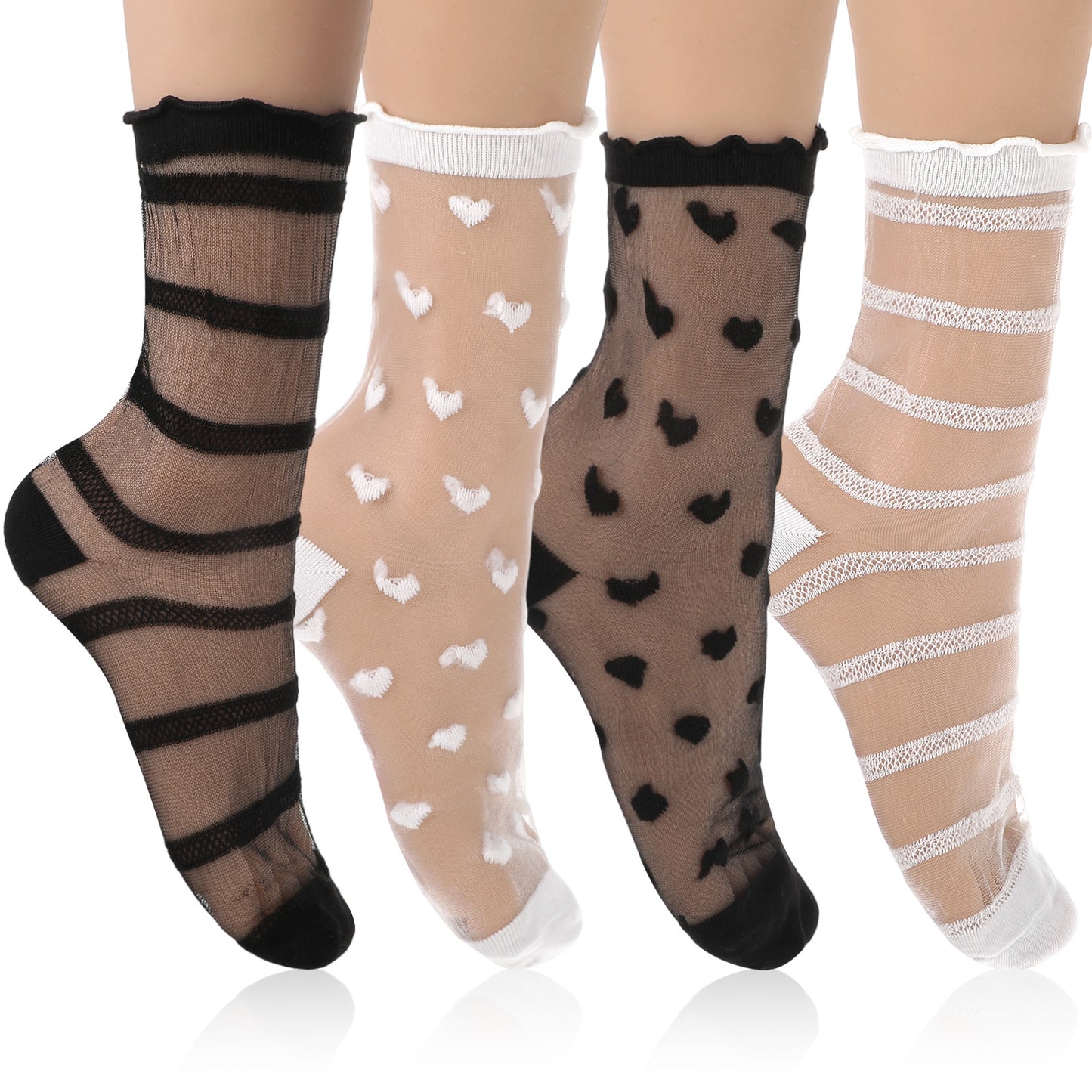XLIUAX 4 Pairs Sheer Socks, Lace Heart Socks Black Ruffle Ankle Sock for Women Transparent Heart Stripe Stocking Mesh Lace Hollow Stockings Thin White Stripe Sock for Summer Breathable Elastic