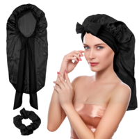 TIESOME Long Satin Bonnet for Women, Adjustable Large Silk Bonnet with Tie Band and Scrunchies Elastic Extra Long Sleep Cap for Long Curly Hair, Braids (Black)
