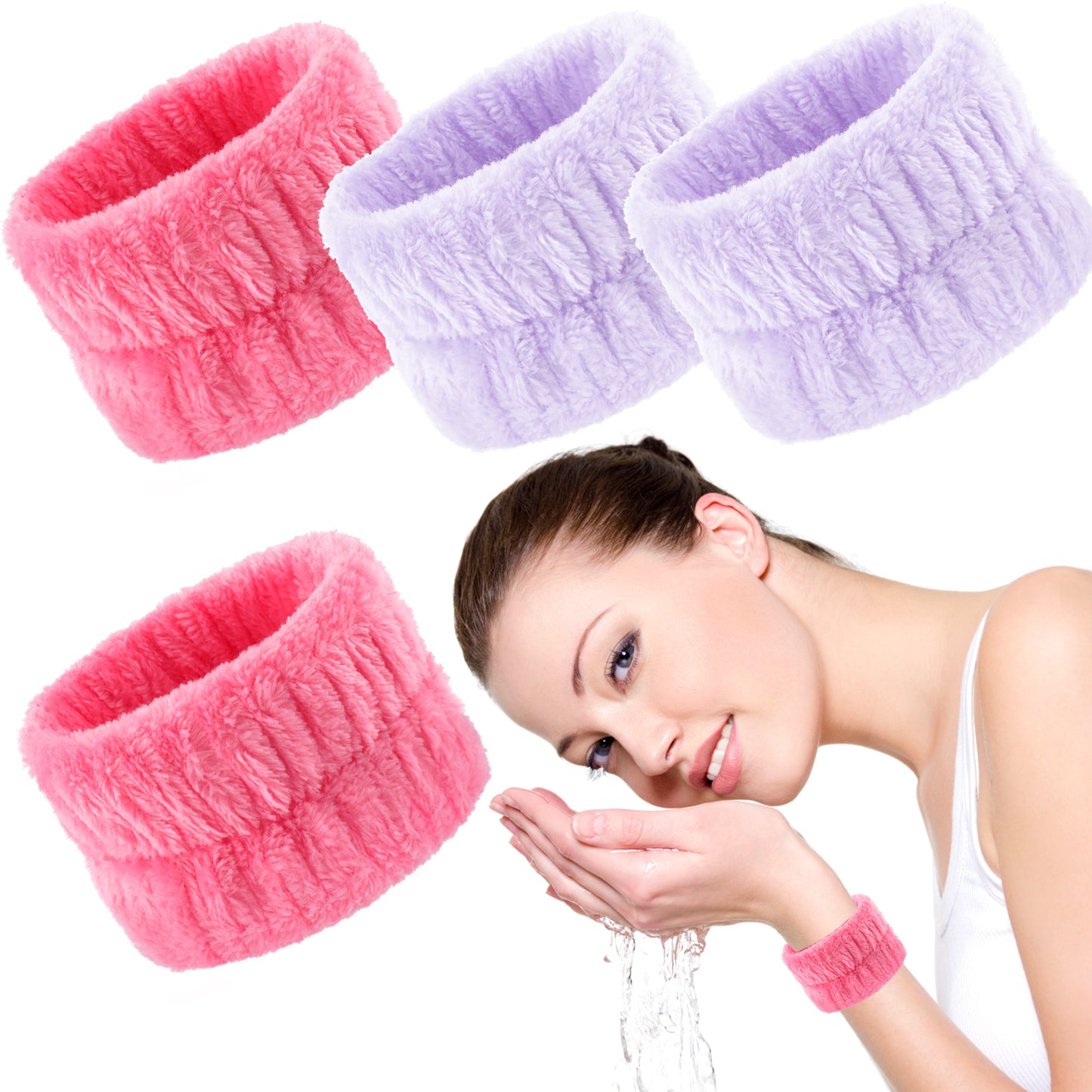 Molain 4 Pcs Spa Face Washing Wristbands, Microfiber Wrist Towels for Washing Face Absorbent Facial Elastic Wristbands Makeup Wash Wrist Towels for Women, Stop Water Run Down Arms(Light Purple, Pink)