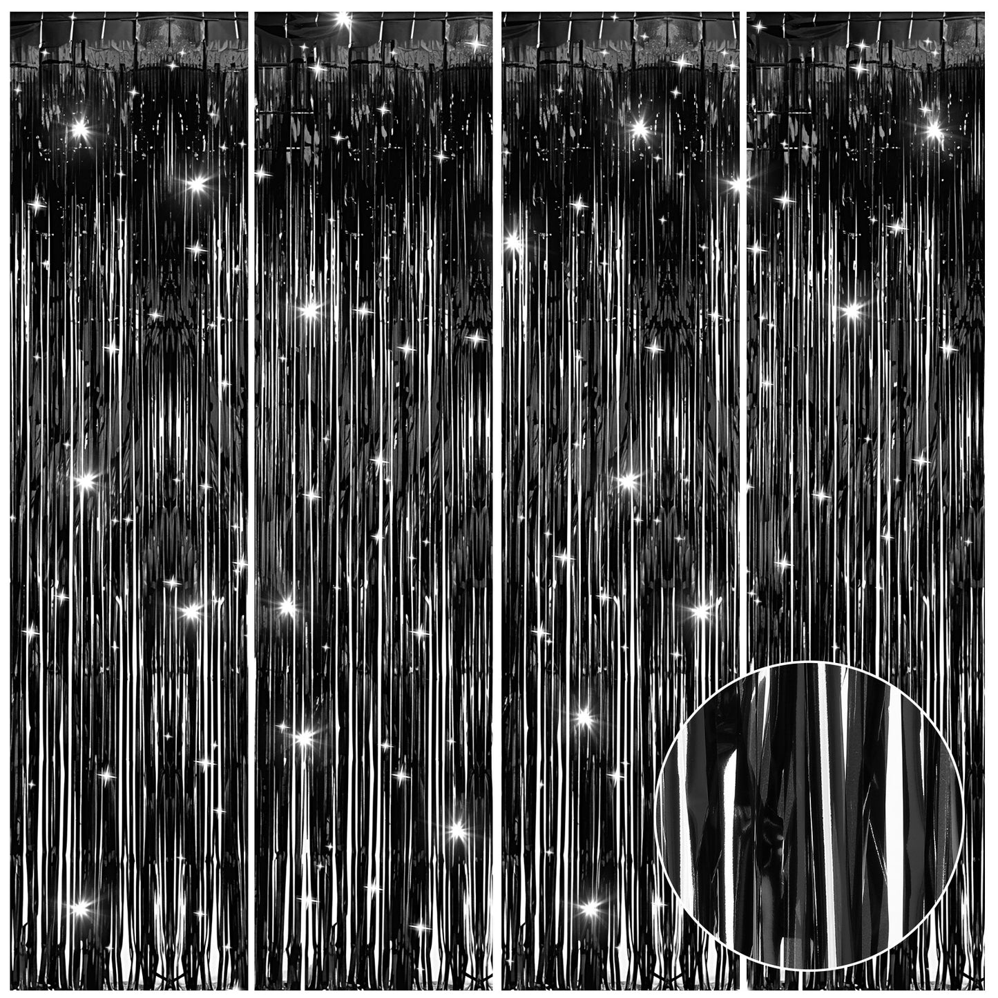 4 Pack Black Foil Curtain Backdrop, 3.28 x 6.56 Feet Black Metallic Tinsel Fringe Curtains for Birthday Wedding Baby Shower Bachelorette Christmas Party Decorations Photo Booth Background