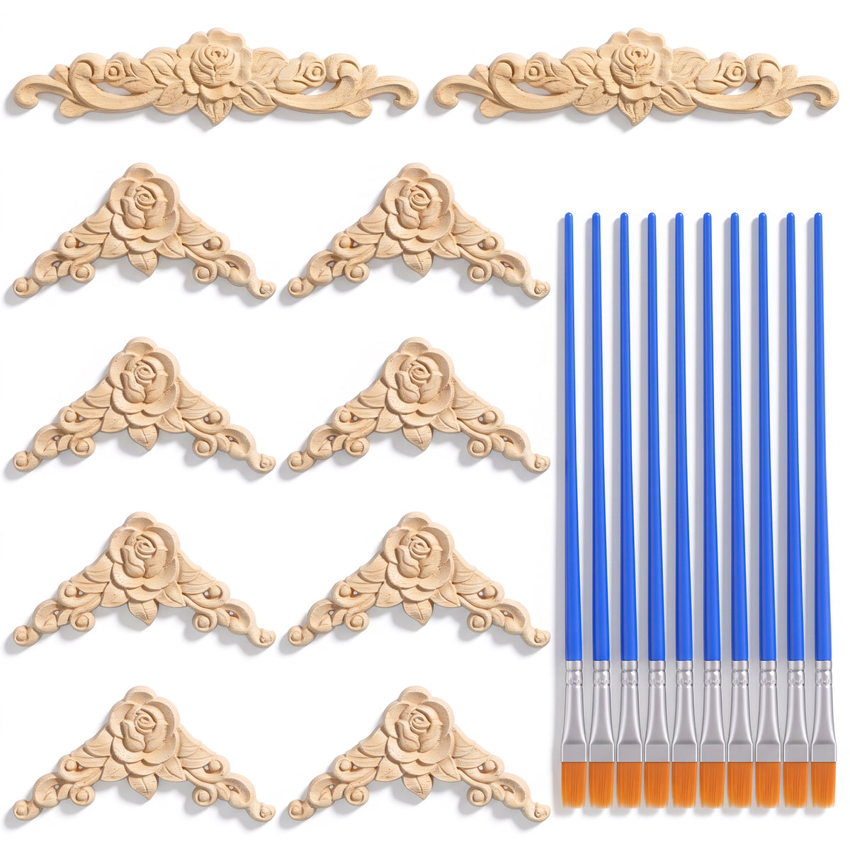 SULIKJHUI Wooden Appliques 10 Pcs with 10 Paint Brushes in Wood Color