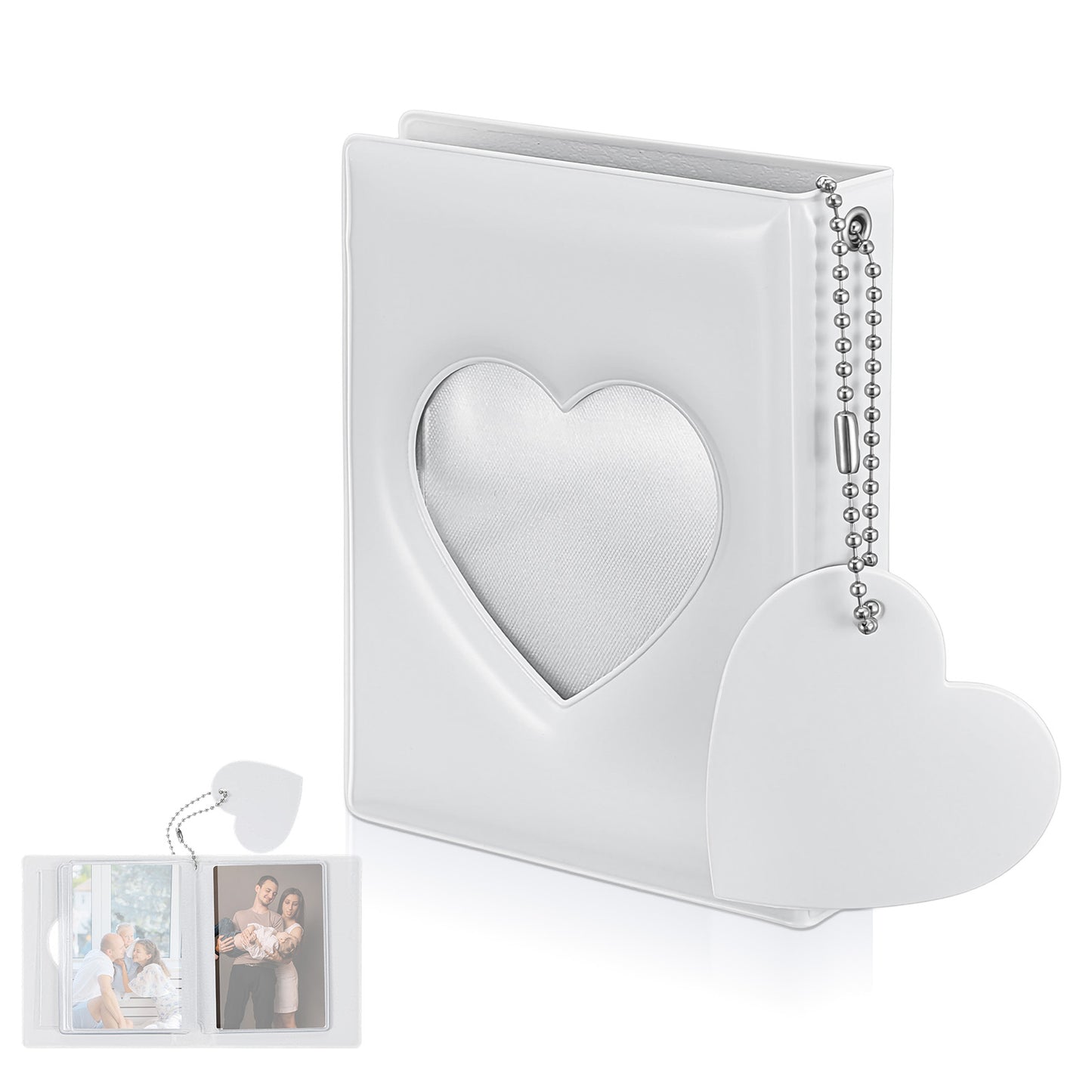 DOPENSPI 4.3x3.3 Inch Mini Photocard Binder with 40 Pockets for 3.6x2.5 Inch Photo, White Mini Photo Album Heart Hollow Card Binder with Pendant Mirror-Like Photocard Holder Book