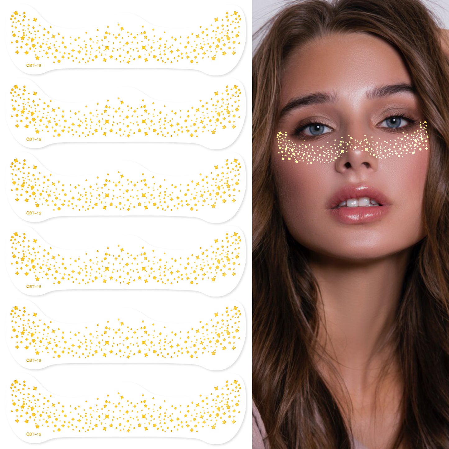 AOZUO 6PCS Glitter Freckles Face Tattoo, Makeup Face Glitter Speckles Patches Cute Waterproof Glow Up Sparkle Temporary Tattoo Fairy Accessories Rave Festival Trinkets Accessories for Women (Gold-C)