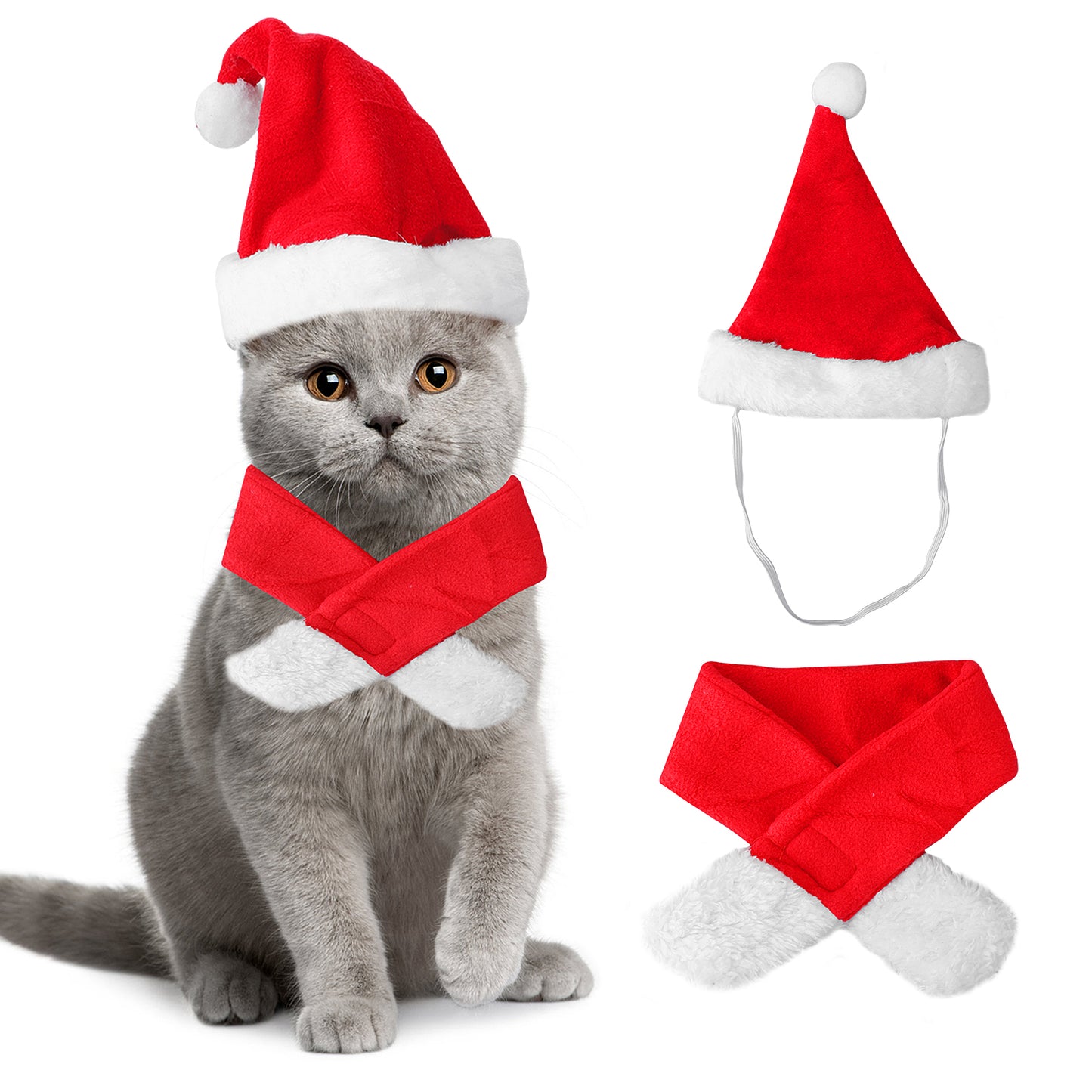 Molain Dog Cat Pet Santa Hat with Scarf, 2Pcs/Set Christmas Costume Set Dog Cat Pet Clothing, Xmas Cats Dogs Christmas Cosplay Headband with Scarf, Red Christmas Hat for Small Medium Large Cat Dog Pet