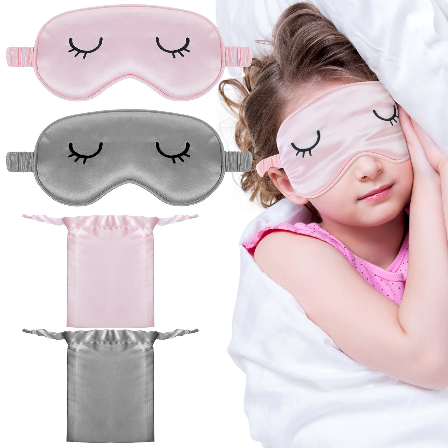 TIESOME 2Pcs Sleep Mask for Kids, Smooth Silk Soft Eye Cover Funny Blindfold Lightweight Night Sleep Eye Masks with 2 Storage Bags for Kids Girls(Gray, Pink)