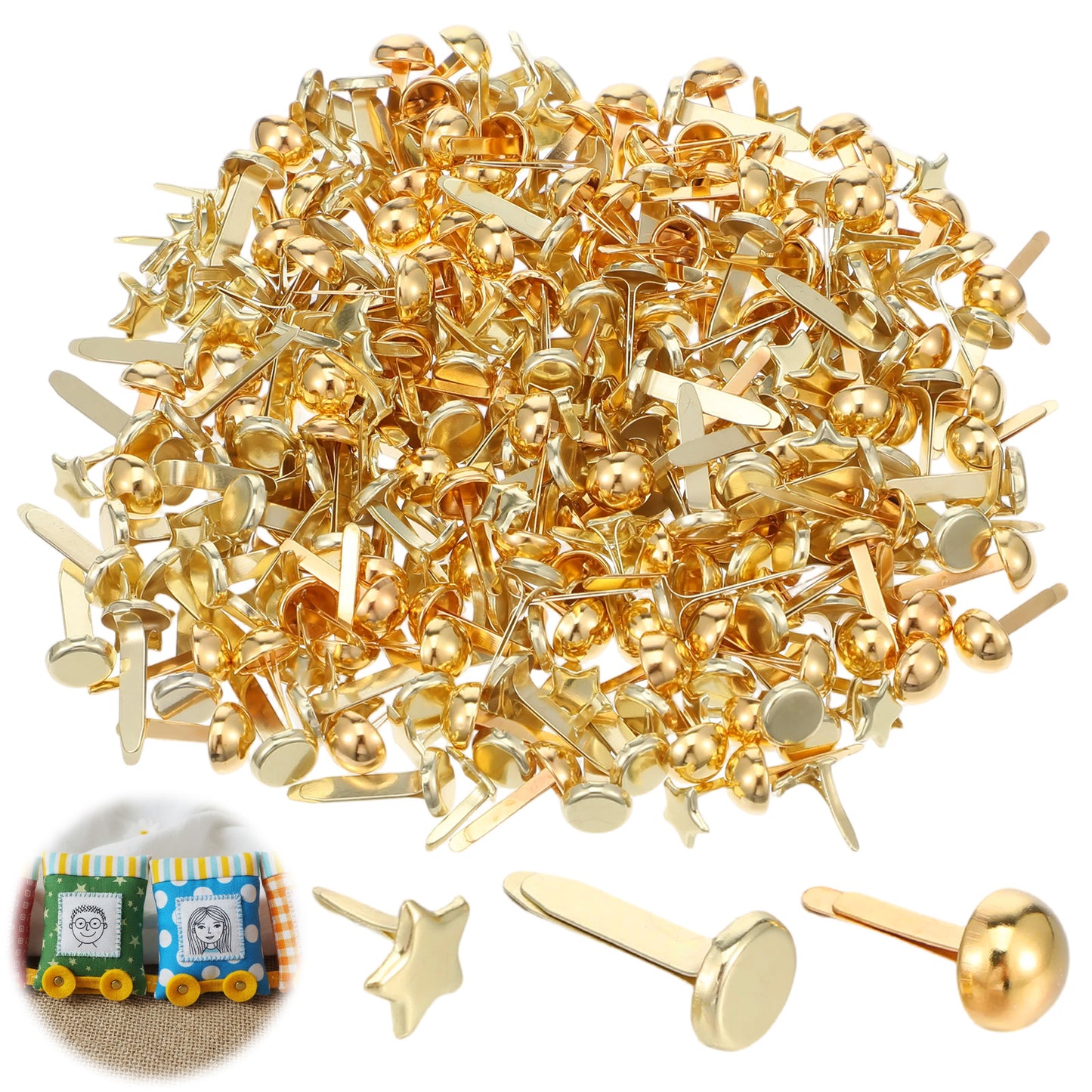 WJIAAA 300Pcs Brads Paper Fasteners, Round Flat Star Gold Brass Fasteners 8x17mm, Split Pins for Scrapbook, Journaling, Photo Albums, Arts & Crafts Supplies